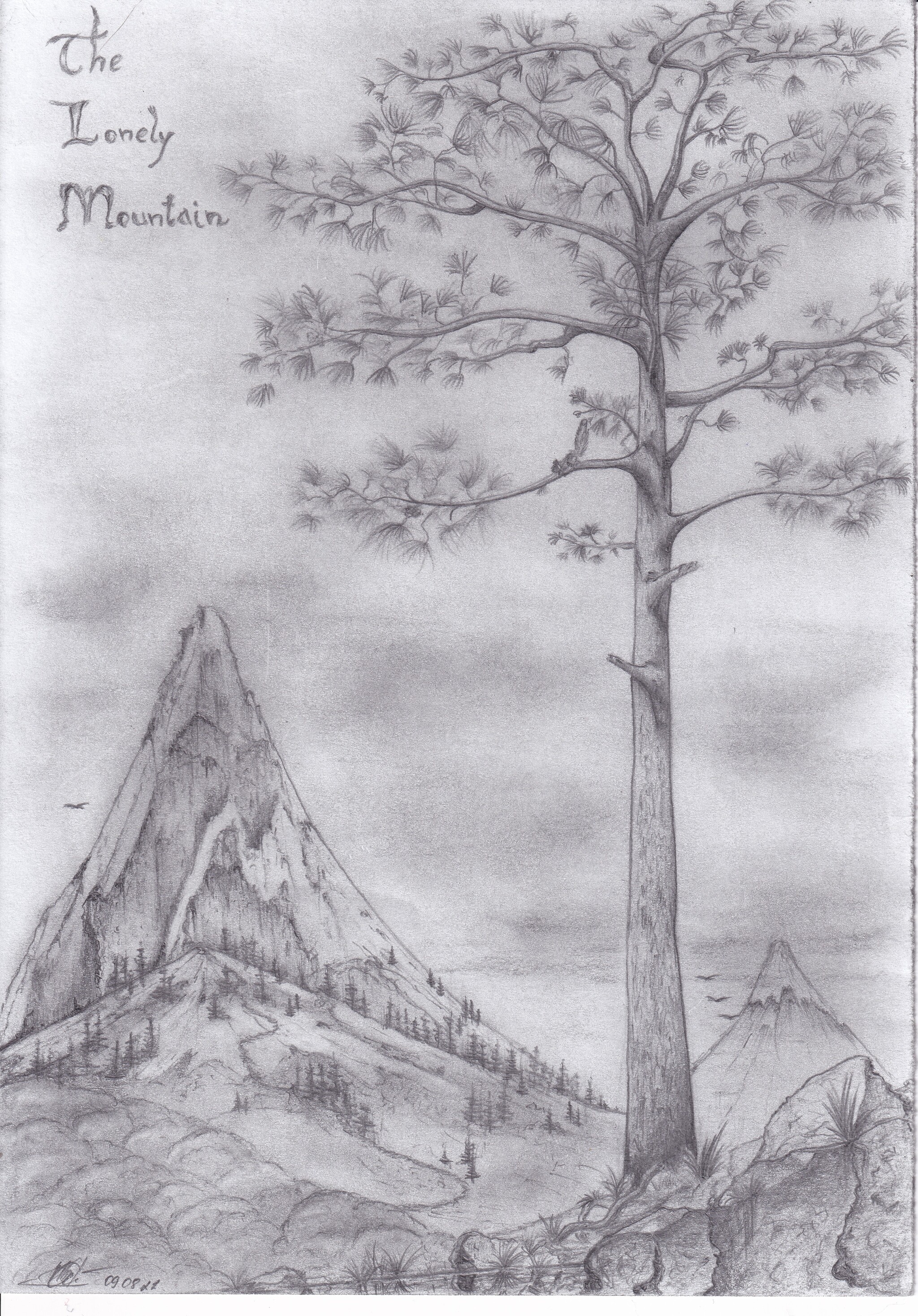 Somewhere in the Middle Earth... - My, Drawing, Pencil drawing, The hobbit, Lonely mountain, Landscape