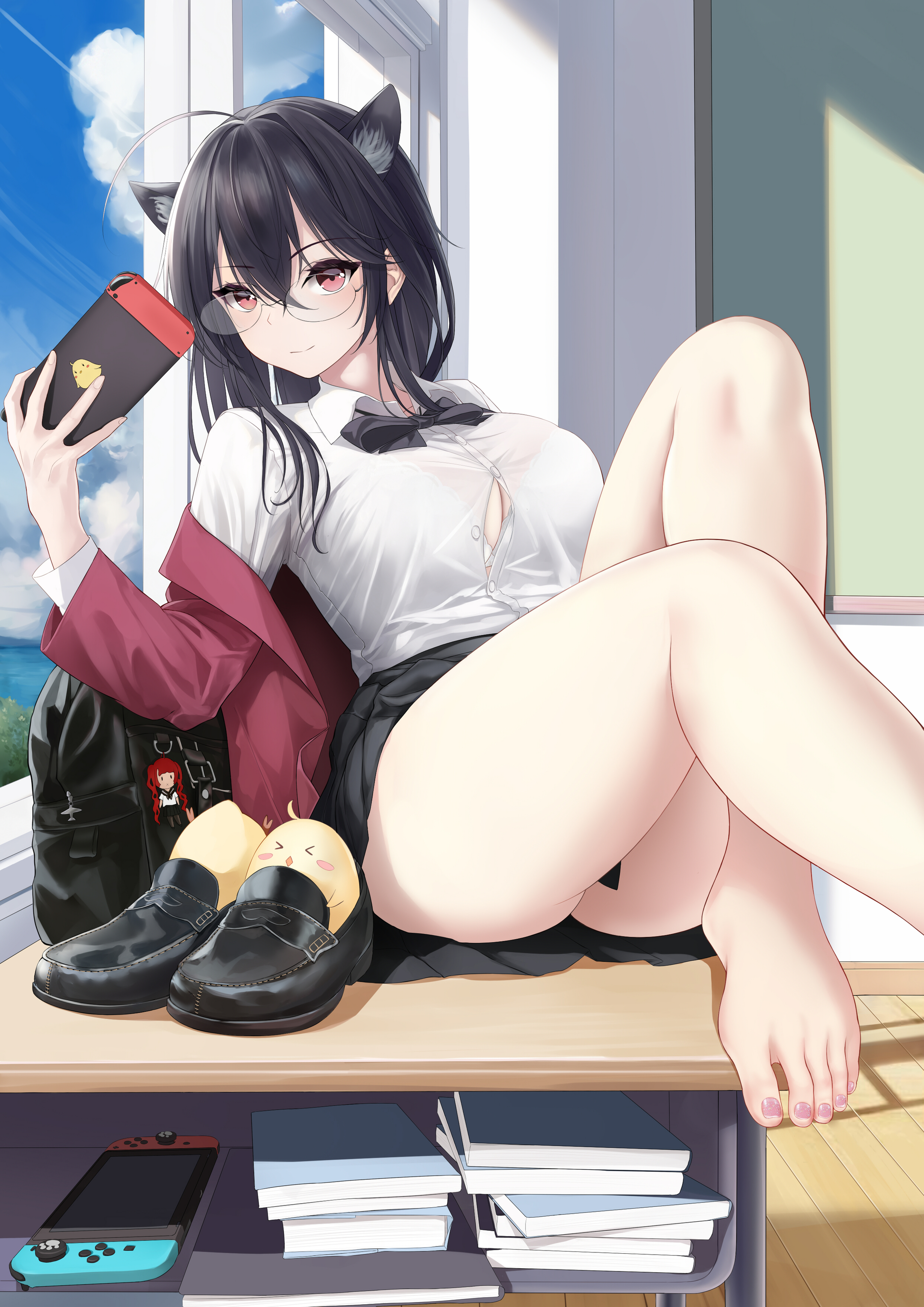 Taihou - NSFW, Erotic, Art, Taihou, Azur lane, Boobs, Girls, Hand-drawn erotica, Tights, Glasses, Nintendo switch, Textbook, Desk, Skirt, Shirt, Animal ears, Longpost, Anime art