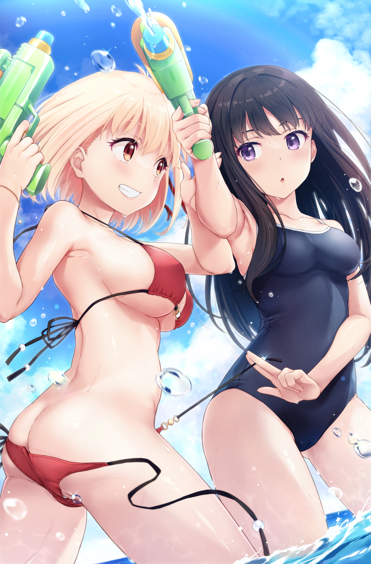 Inoue & Nishikigi - NSFW, Anime, Anime art, Lycoris Recoil, Inoue Takina, Nishikigi Chisato, Swimsuit, Booty, Boobs, Hand-drawn erotica, Erotic