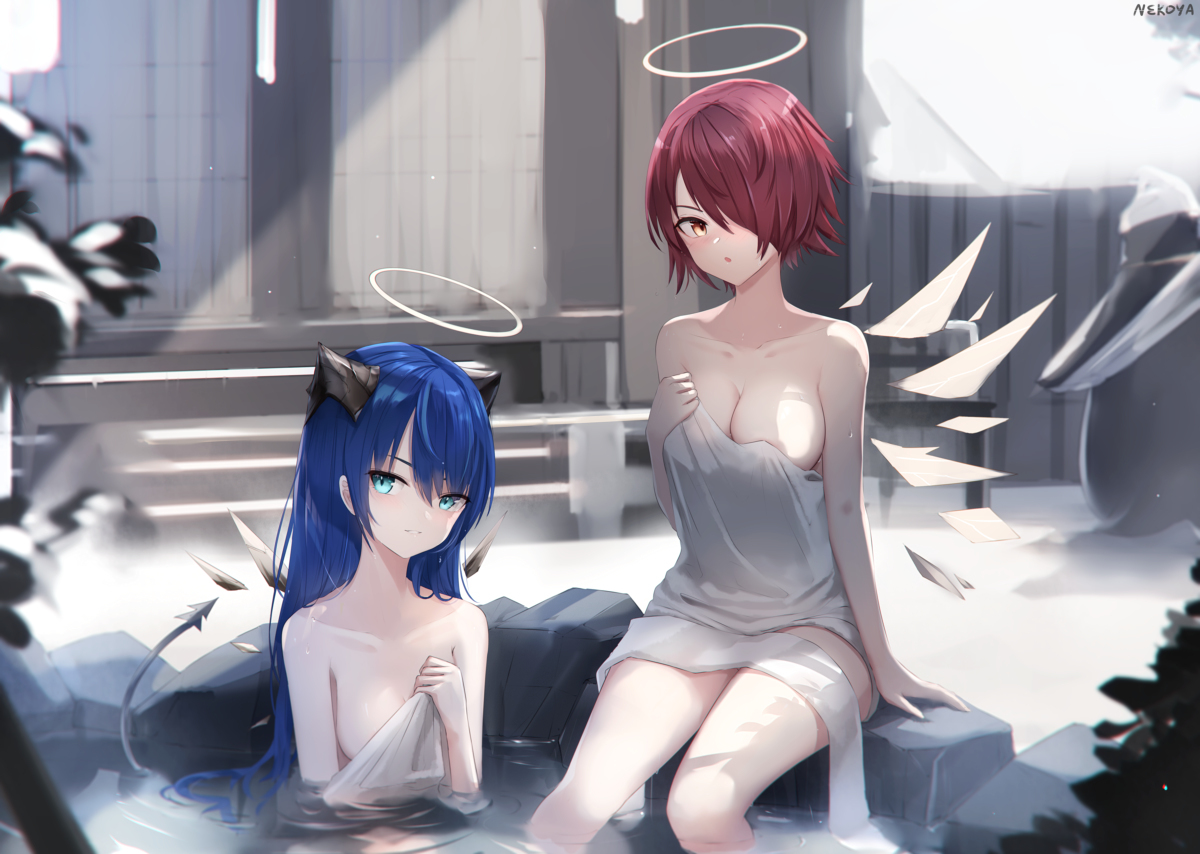 On the hot spring - NSFW, Anime art, Anime, Arknights, Exusiai, Mostima