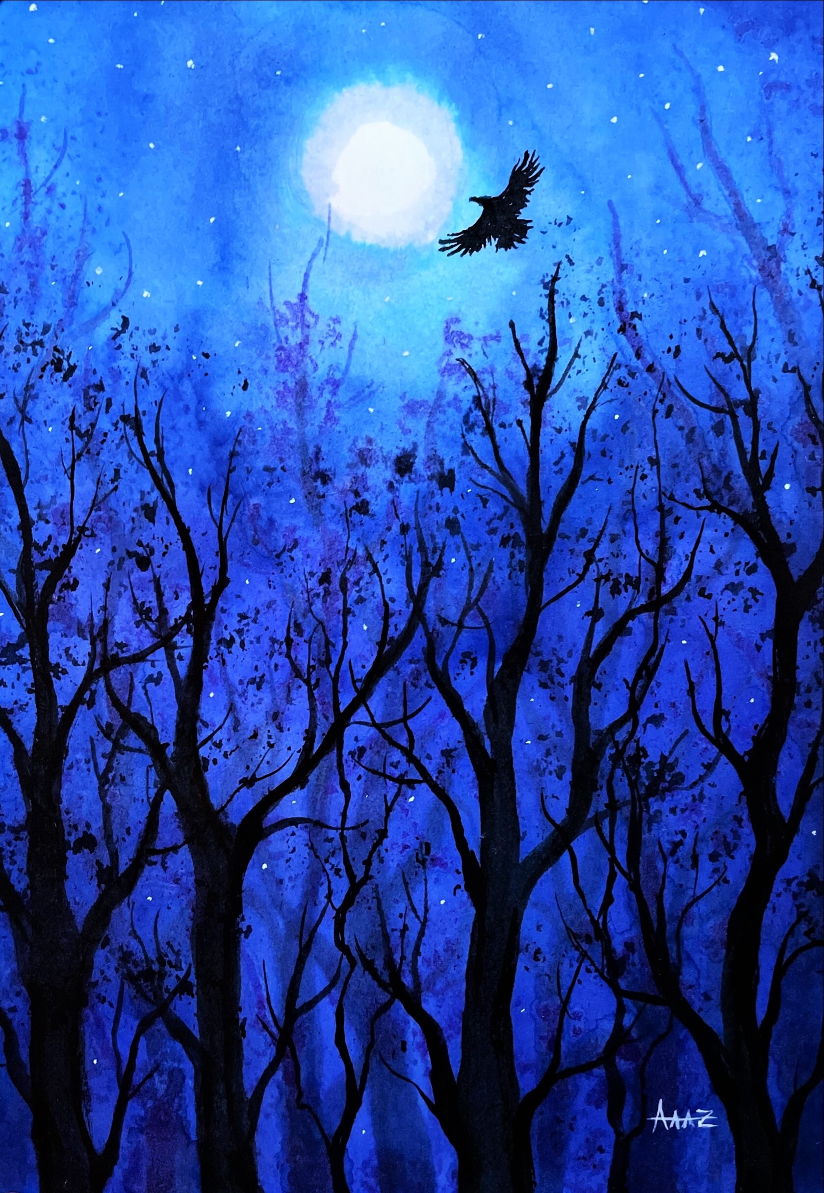 Raven in love with the moon - Romance, Crow, moon, Landscape, The senses, Night, Summer, Nature, Liberty, Inspiration, Philosophy, Emotions, Watercolor, Ink, Painting, Artist, Art, Drawing, Art, Soul, My
