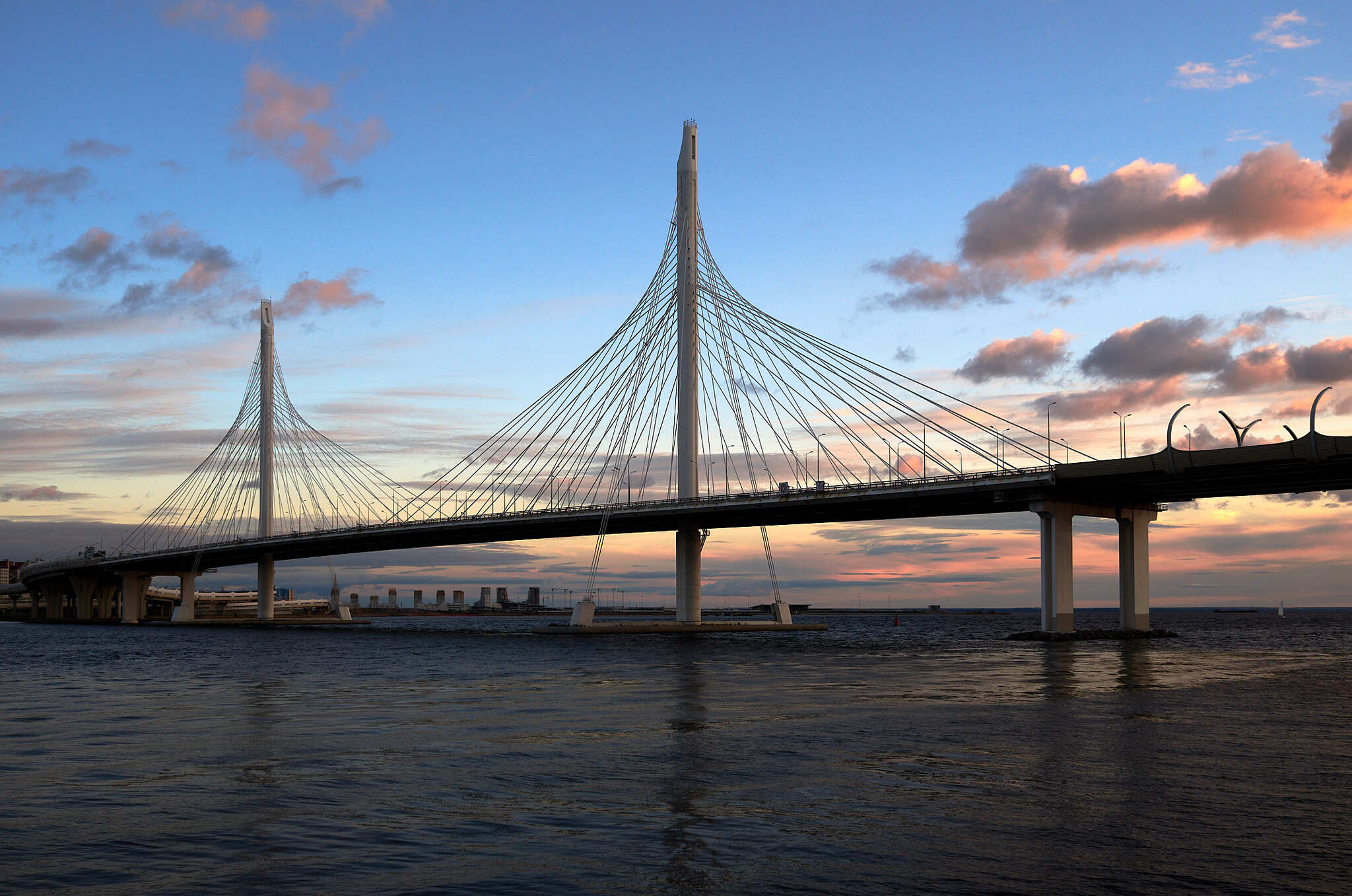 Cable-stayed bridge at sunset - My, Saint Petersburg, Photographer, The photo, Architecture, Cable-stayed bridge, The Gulf of Finland, Sunset, Zsd, Bridge