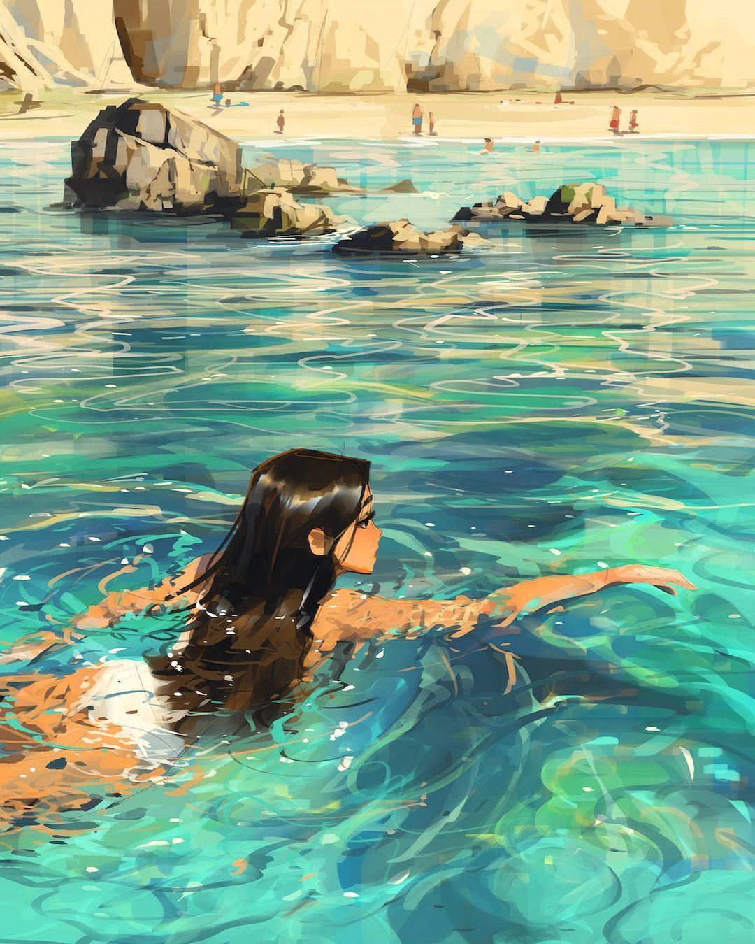 swim - Drawing, Girls, Bathing, Sea, Swimming, Sam yang, Art