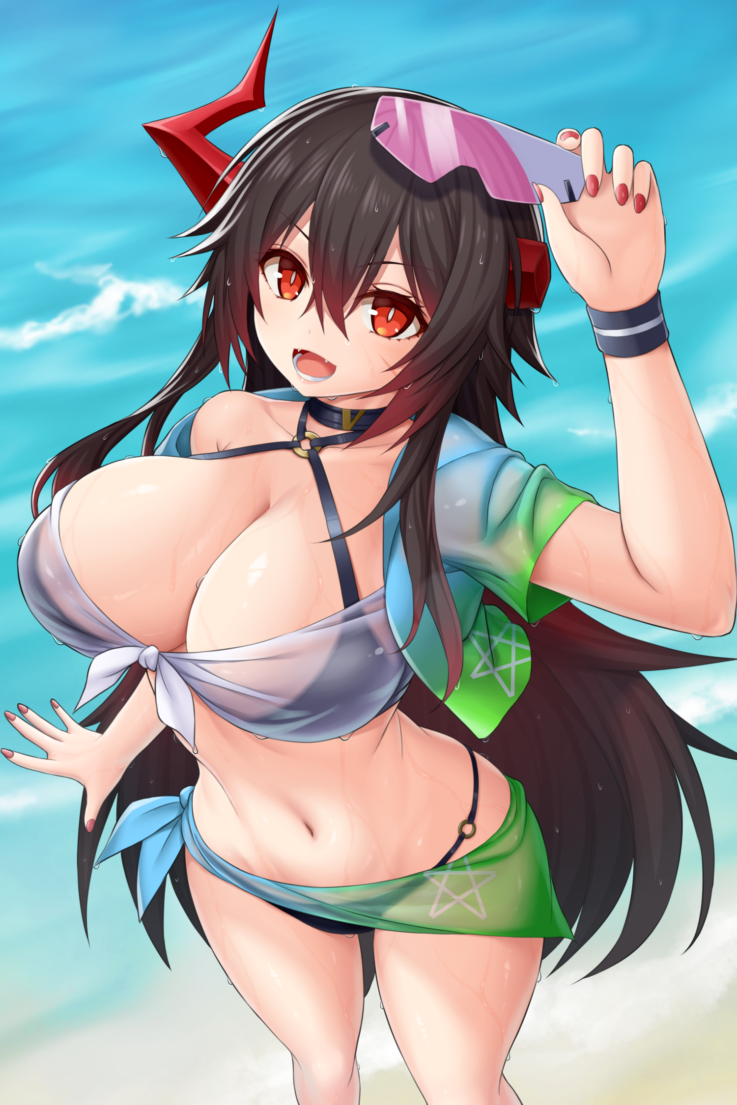 Magdeburg - NSFW, Erotic, Art, Anime art, Magdeburg, Azur lane, Boobs, Swimsuit, Girl with Horns, Sunglasses, Hand-drawn erotica, Girls