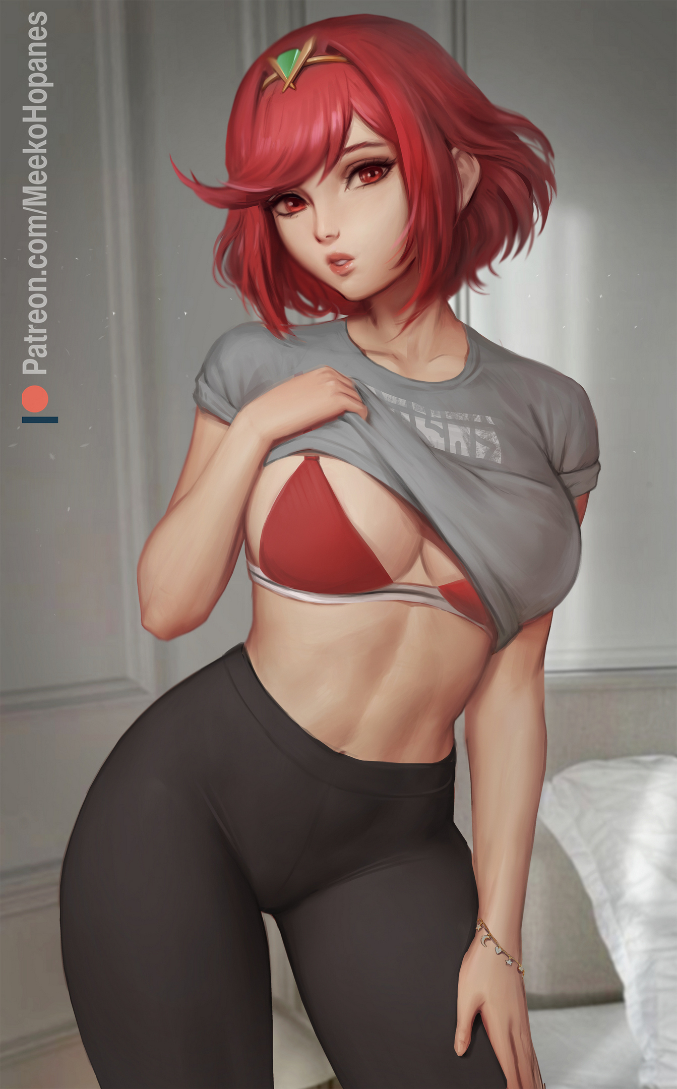 Pyra - NSFW, Арт, Рисунок, Anime Art, Xenoblade, Xenoblade 2, Pyra, Девушки, Эротика, Рисованная эротика, Game Art, Нижнее белье, Колготки, Сиськи, Топлесс, Раздевание, Meekohopanes, Длиннопост