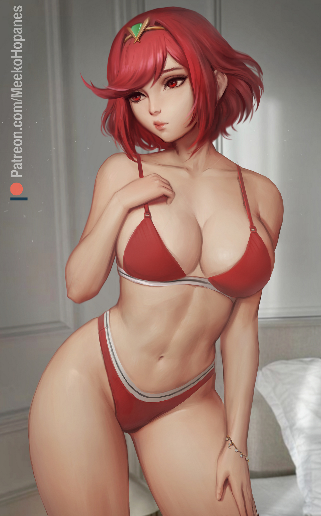 Pyra - NSFW, Арт, Рисунок, Anime Art, Xenoblade, Xenoblade 2, Pyra, Девушки, Эротика, Рисованная эротика, Game Art, Нижнее белье, Колготки, Сиськи, Топлесс, Раздевание, Meekohopanes, Длиннопост