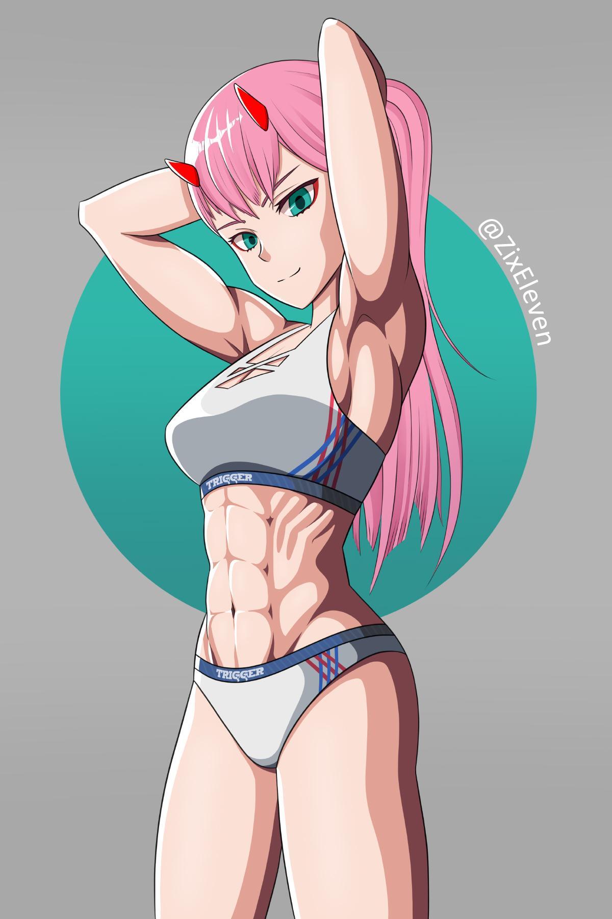 Sports Zero Two - Darling in the Franxx, Zero two, Strong girl, Girls, Girl with Horns, Fitonyashka, Anime, Anime art, Art, Muscleart, Press, Pink hair, Sports girls