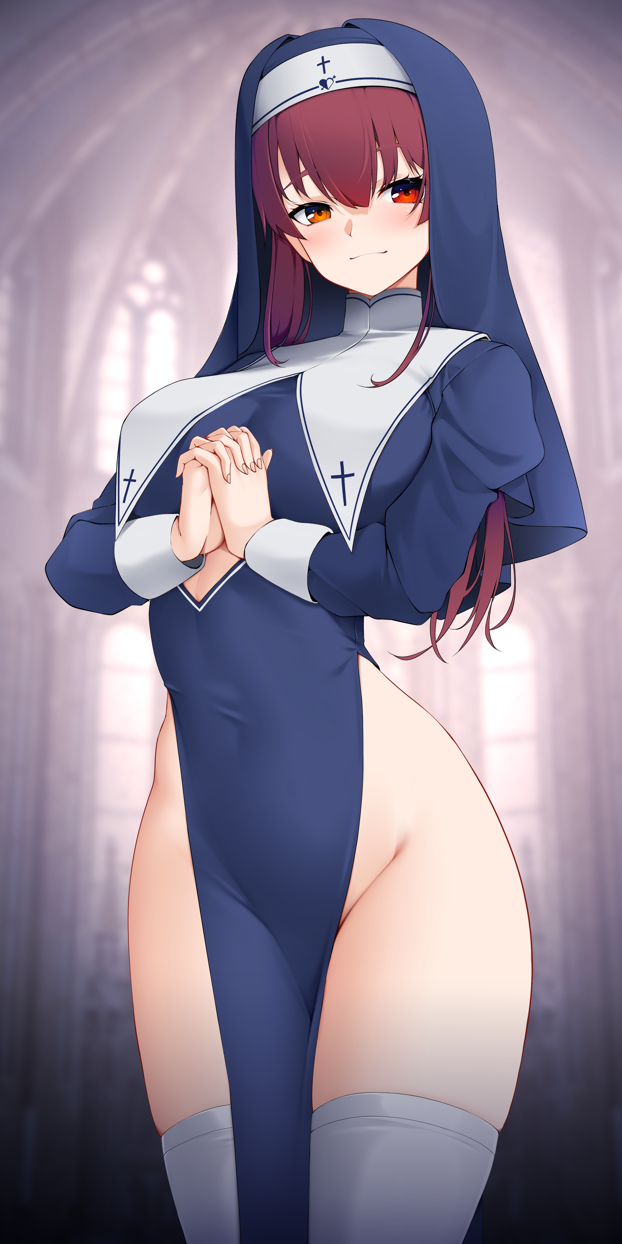 Nun Marine - NSFW, Аниме, Anime Art, Арт, Hololive, Houshou Marine, Virtual YouTuber, Монашка, Сиськи, Половые губы, Чулки, Рисованная эротика, Эротика, Длиннопост