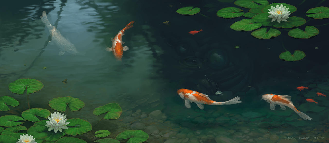 Don't throw coins to the fish - Art, Koi carps, Pond, Water lily, Cthulhu