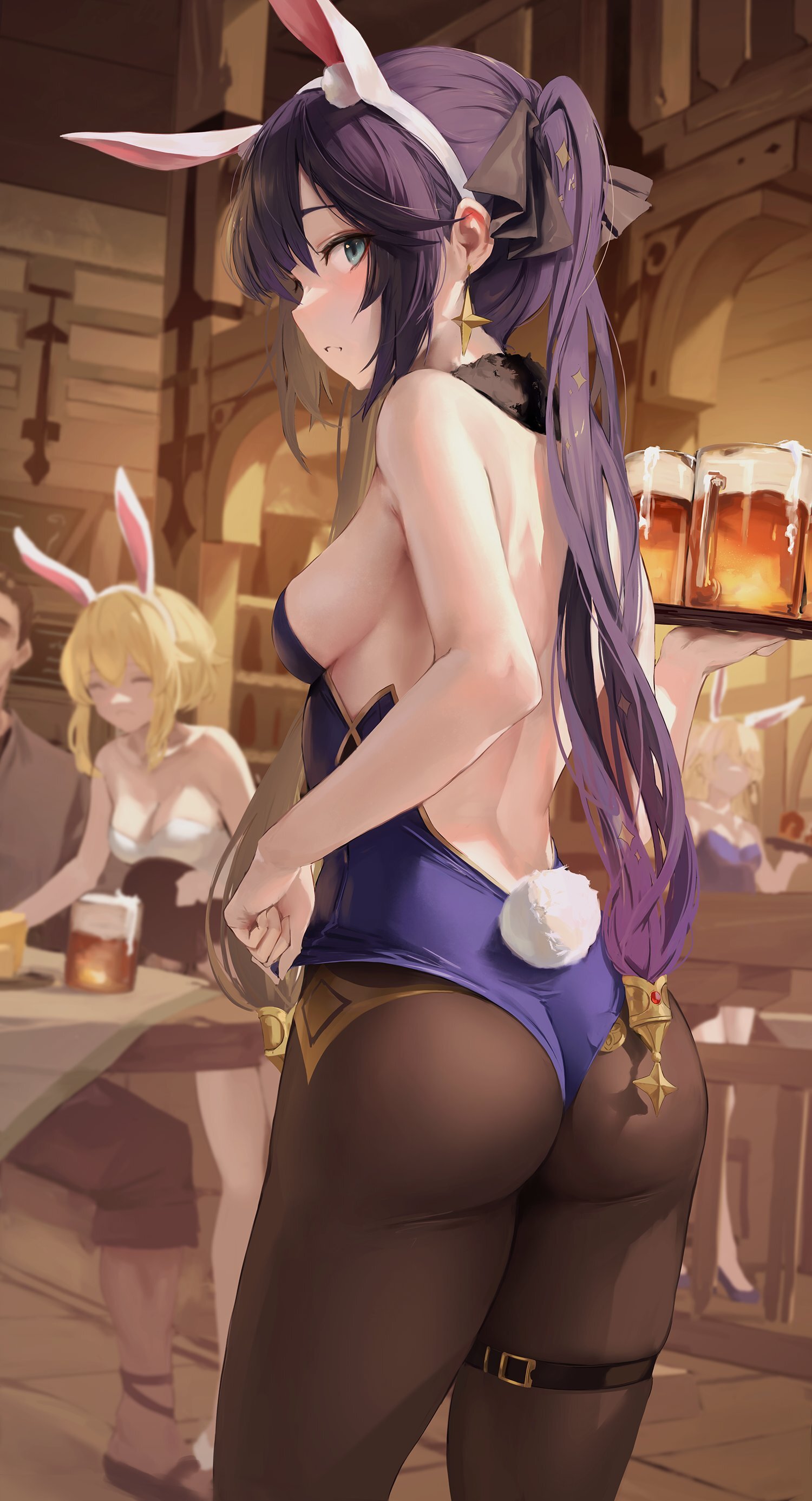 Mona - NSFW, Erotic, Art, Mona, Genshin impact, Bunnysuit, Girls, Boobs, Hand-drawn erotica, Anime art, Tavern, Beer