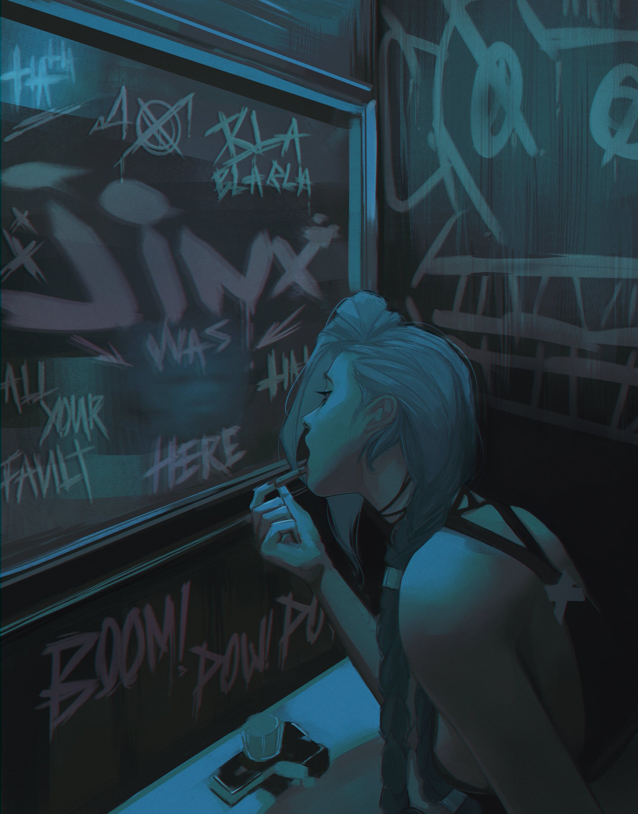 jinx was here - Drawing, League of legends, Arcane, Jinx, Girls, Bathroom, Sink, Mirror, Lipstick, Inscription, Zion, Art