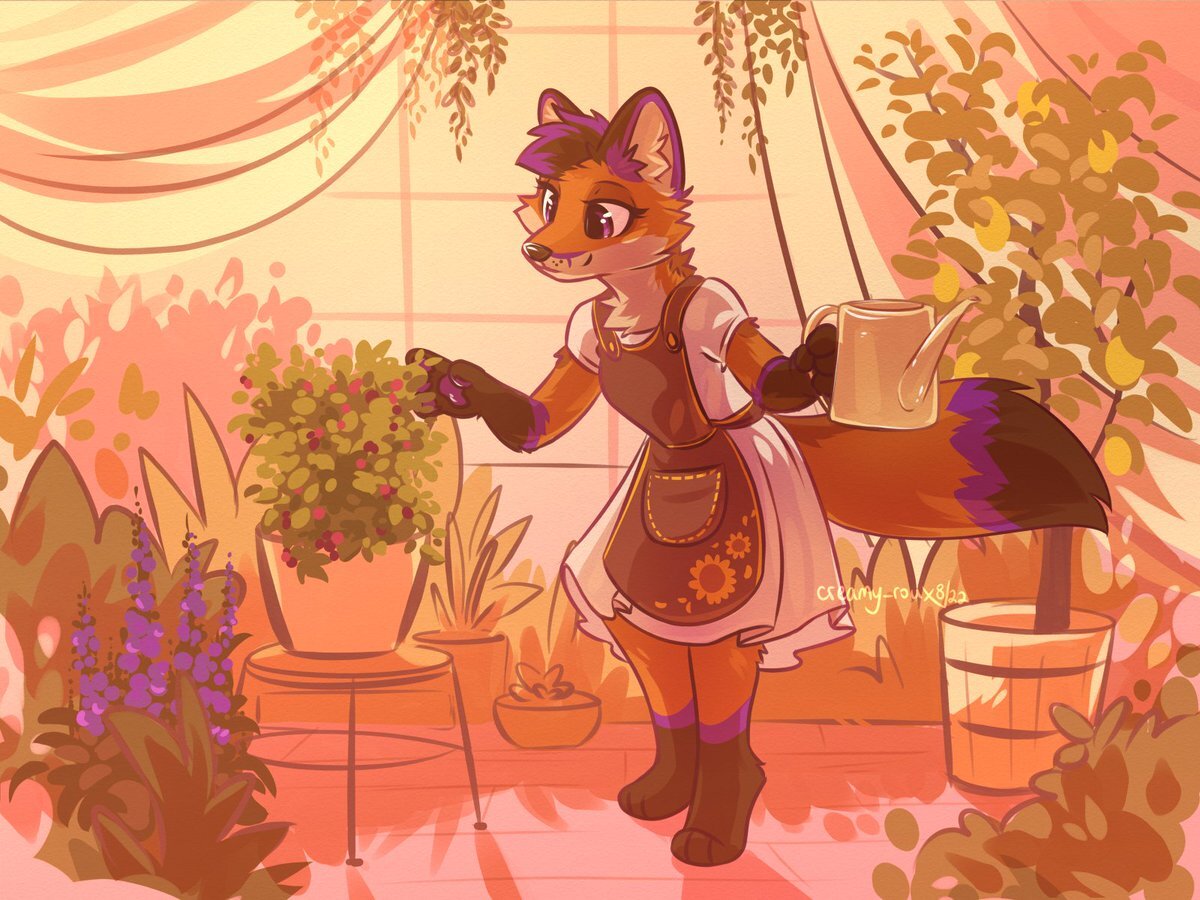 Greenhouse - Furry, Furry canine, Furry fox, Houseplants, Watering can, Art, Furry art