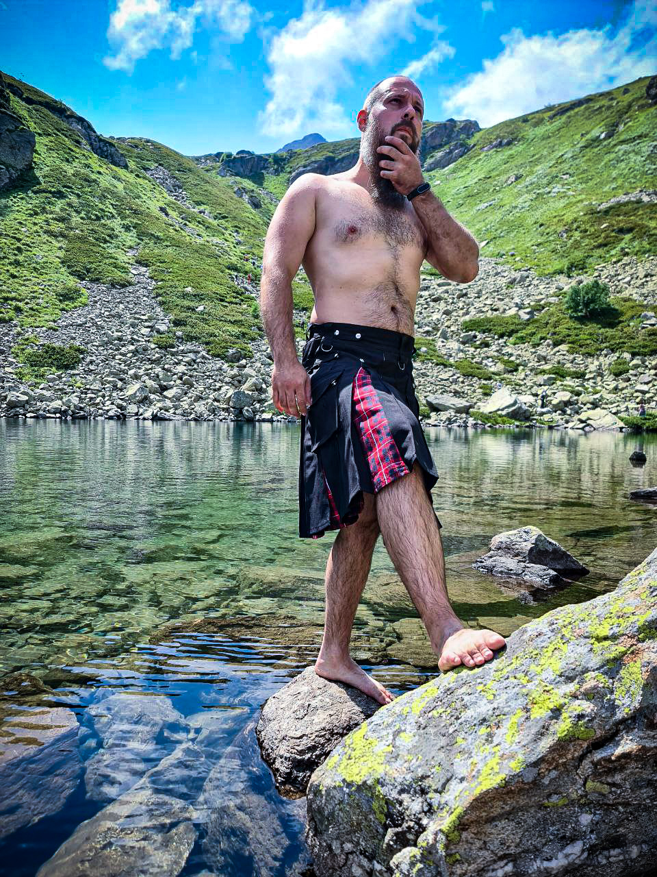 Mountain body post(or ends in water) - NSFW, My, Mr Playgirl, Kilt, Playgirl, Men, Muscle, Hairiness, Beard, The mountains, River, Lake, Longpost