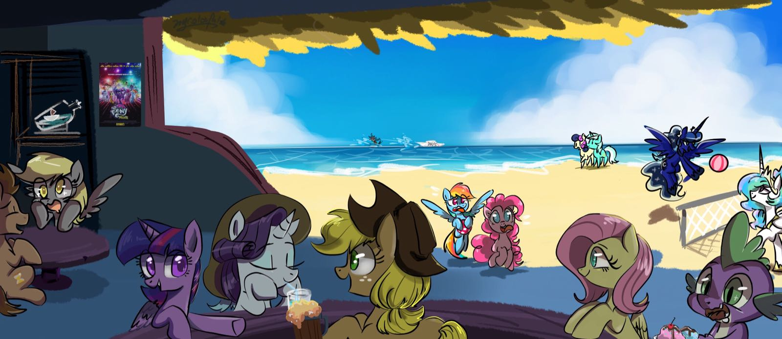 beach holiday - My little pony, Twilight sparkle, Fluttershy, Princess luna, Lyra heartstrings, Rainbow dash, Spike, Applejack, Pinkie pie, Rarity, Derpy hooves, Doctor Whooves, Princess celestia, Bon bon