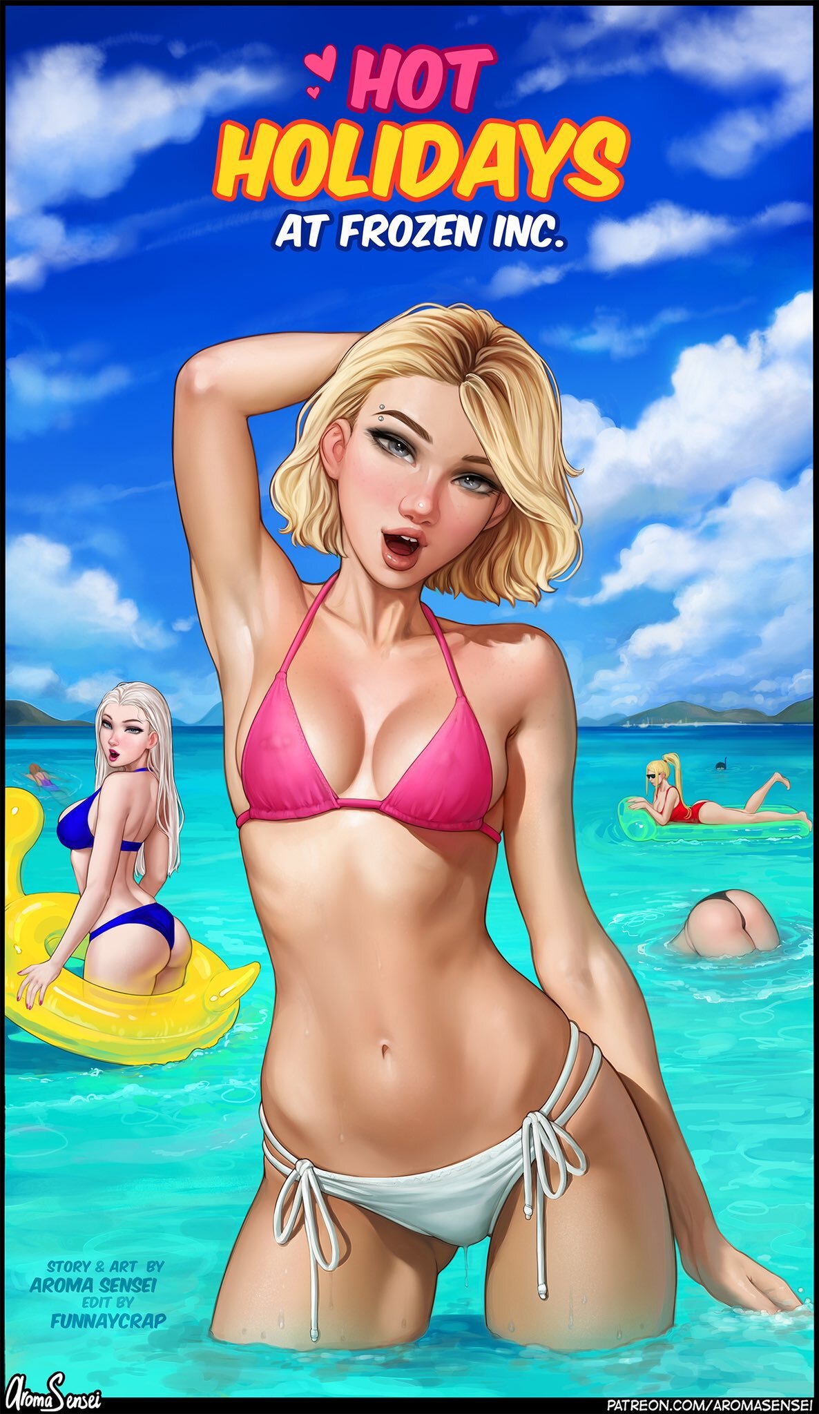 Hot holidays in the company Cold Heart - NSFW, Girls, Aromasensei, Comics, Hand-drawn erotica, Swimsuit, Gwen Stacy, Elsa