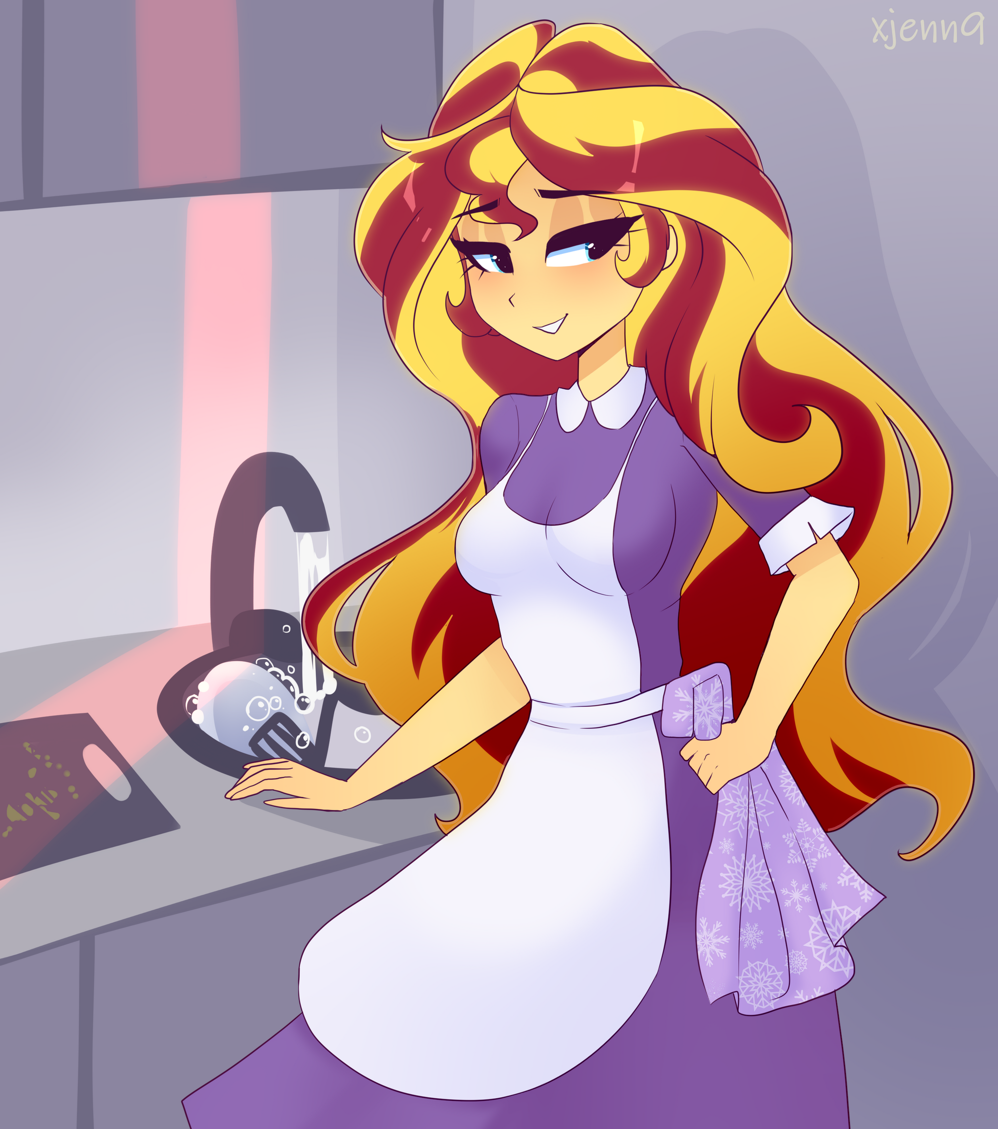 Housework - My little pony, PonyArt, Sunset shimmer, Equestria girls, Humanization, Xjenn9