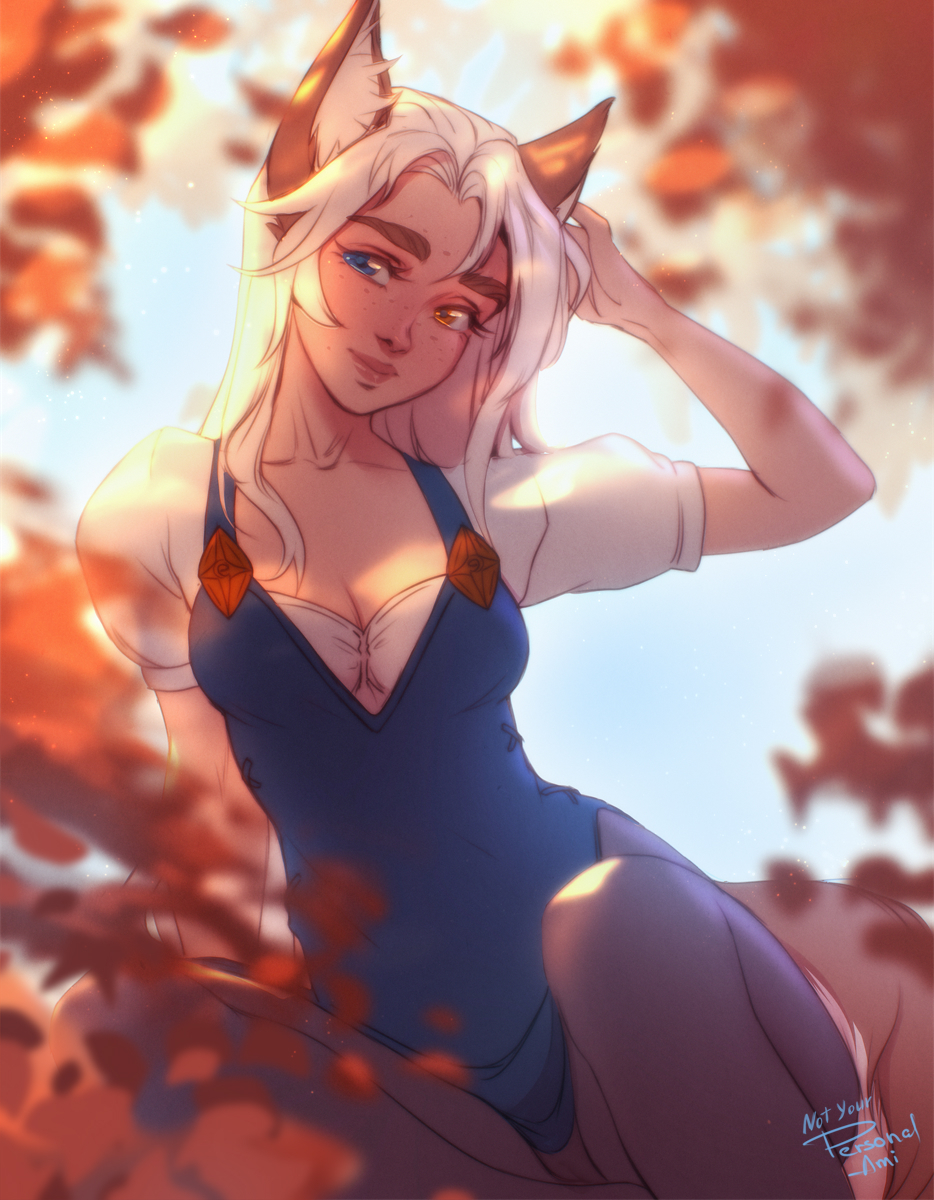 Autumn breath - Drawing, Girls, Kitsune, Animal ears, Heterochromia, Autumn, Personalami, Art