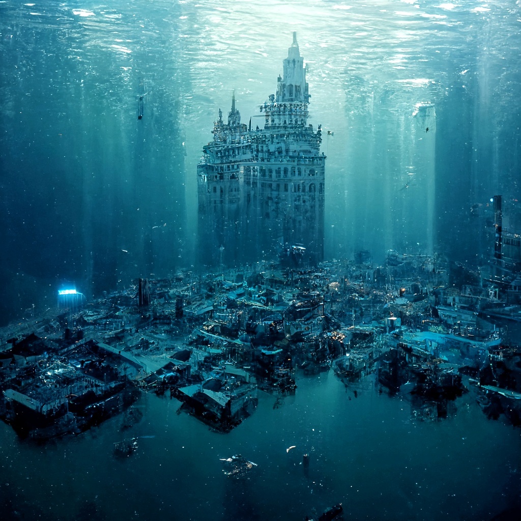 flooded cities - My, Midjourney, Art, Digital drawing, Нейронные сети, Town, Under the water, Longpost