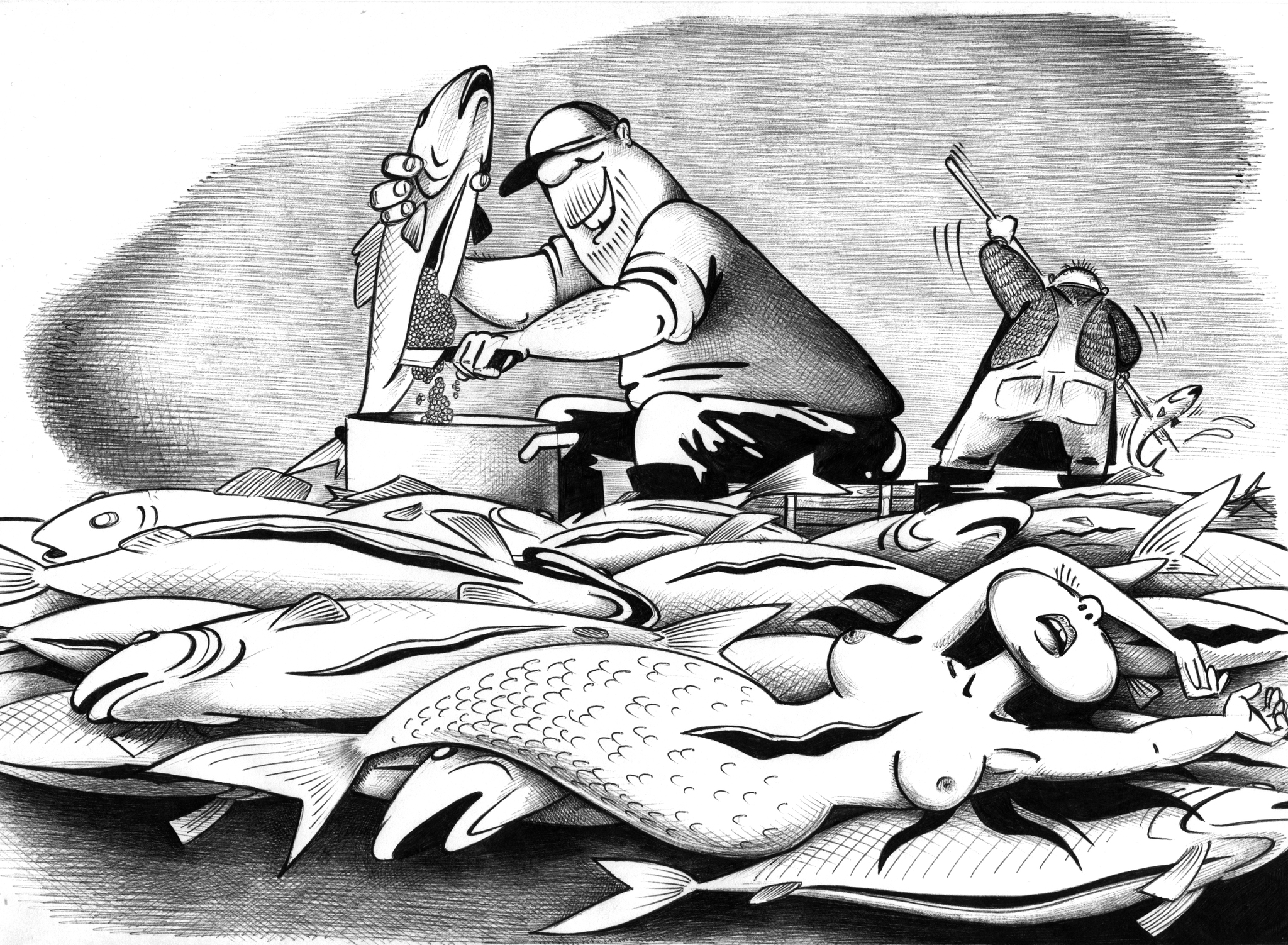 Mermaid - My, Sergey Korsun, Caricature, Pen drawing, Black humor, Caviar, Poachers, Mermaid