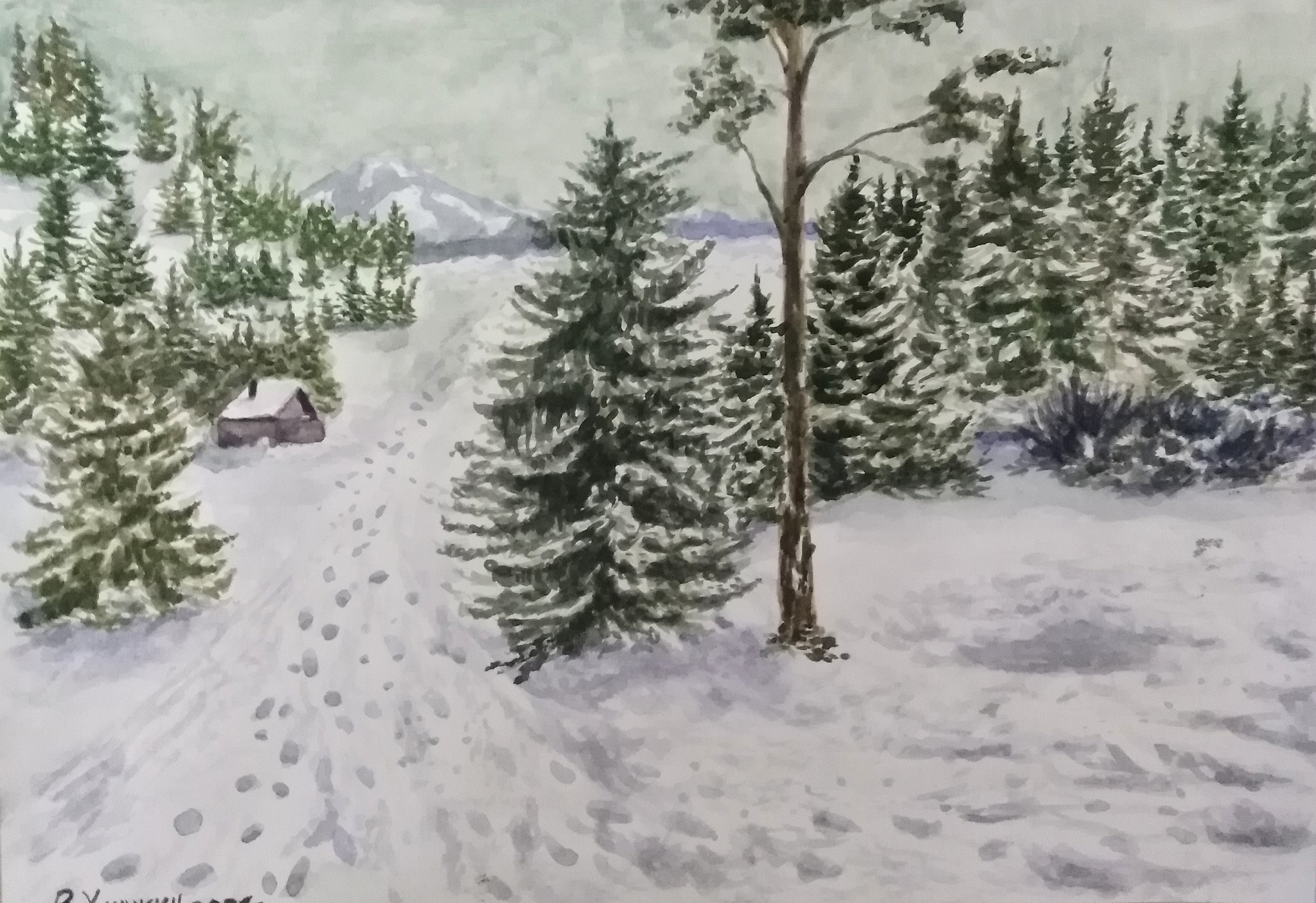 Author: Valery Khanzhin. Watercolor. Title: Afternoon in the Forest. 2021 - My, Art, Painting, Watercolor, Landscape, Painting, Winter, Snow, Cold, Work, Pine, Christmas trees, House, The mountains