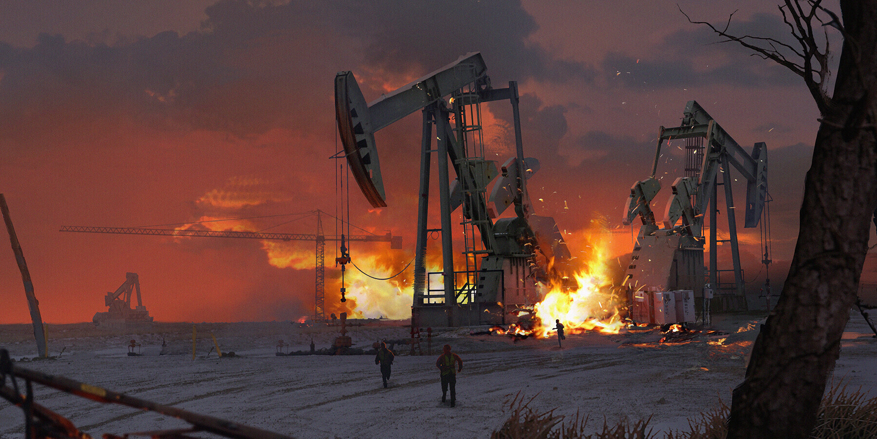 Oil field - Арт, Artstation, Добыча нефти, Нефтяная вышка, Пожар