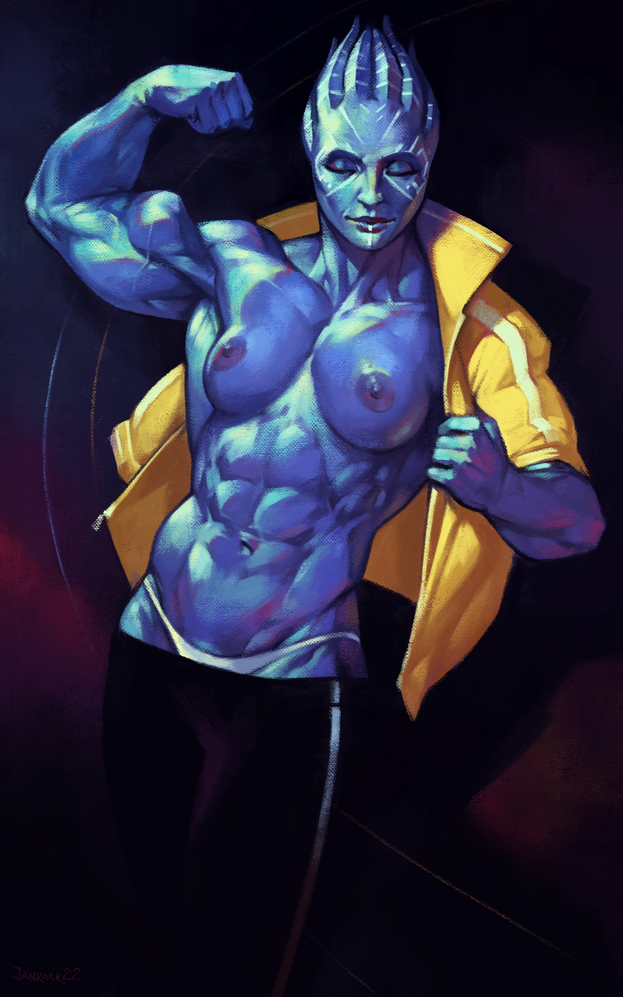 Saris the bodybuilder asari - NSFW, Janrockitnik, Muscleart, Strong girl, Art, Azari, Mass effect, Boobs, Erotic, Hand-drawn erotica, Body-building, Bodybuilders