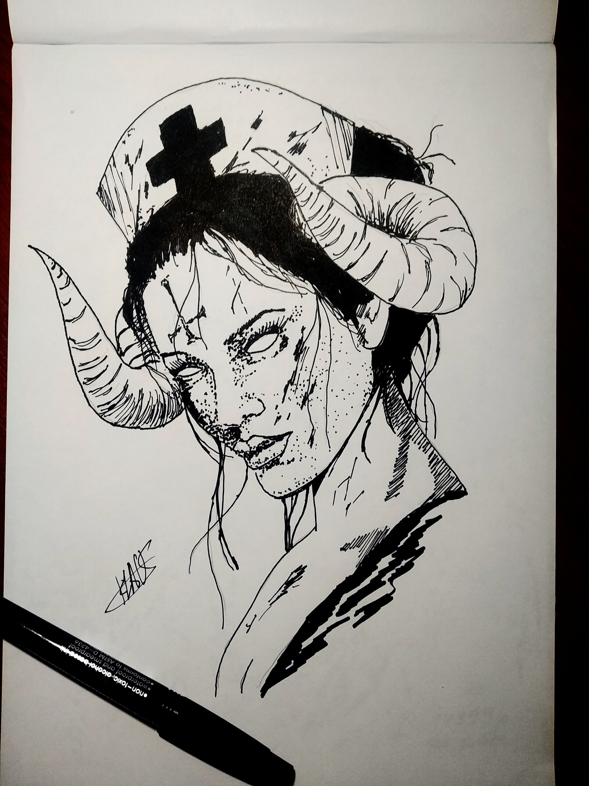 Devil Nurse - My, Art, Drawing, Succubus, Sketch, Tattoo, Sketch, Pen drawing