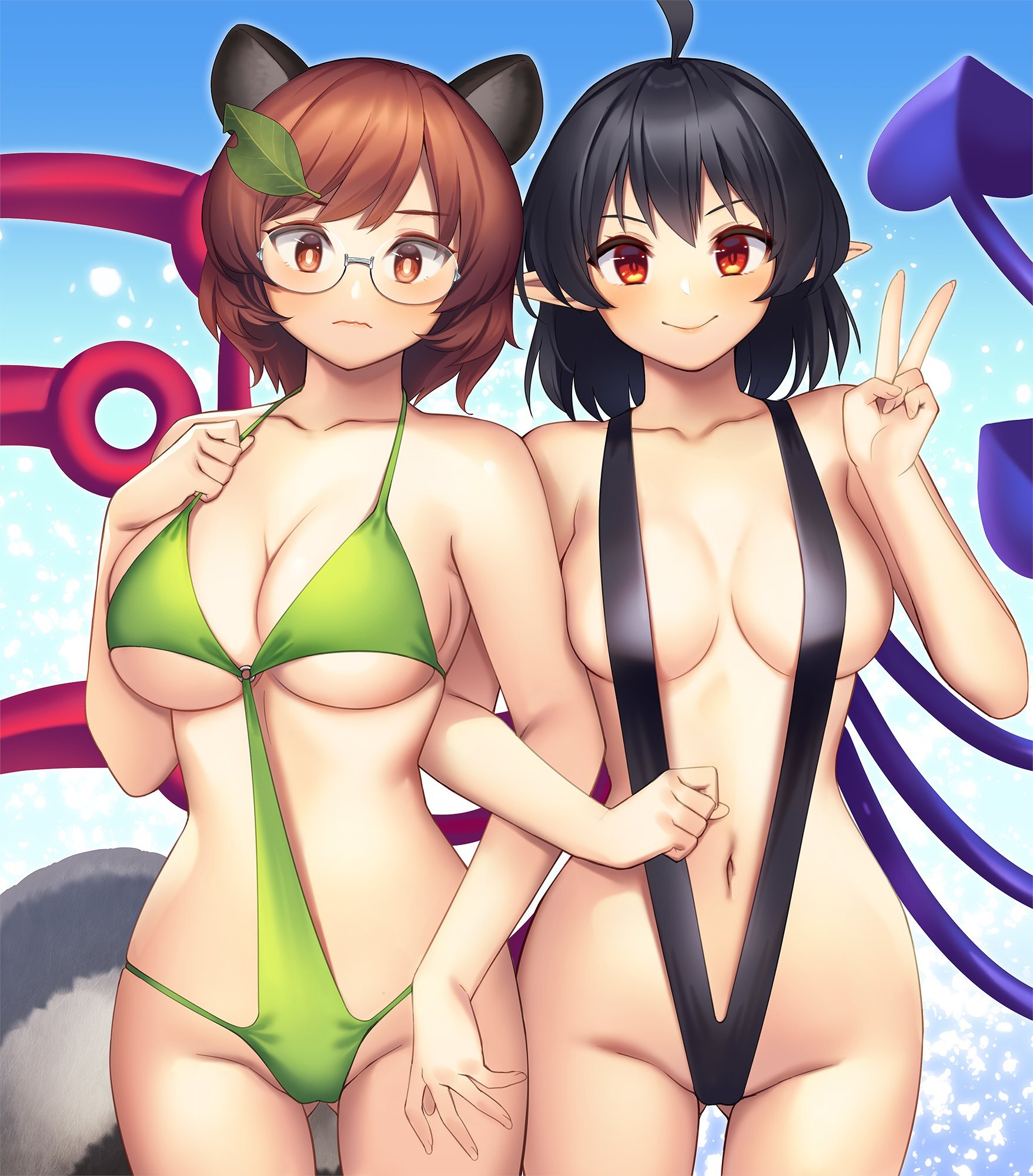 Mamizou & Houjuu - NSFW, Touhou, Futatsuiwa Mamizou, Houjuu nue, Anime, Tarmo, Boobs, Swimsuit, Megane, Hand-drawn erotica, Erotic, Anime art