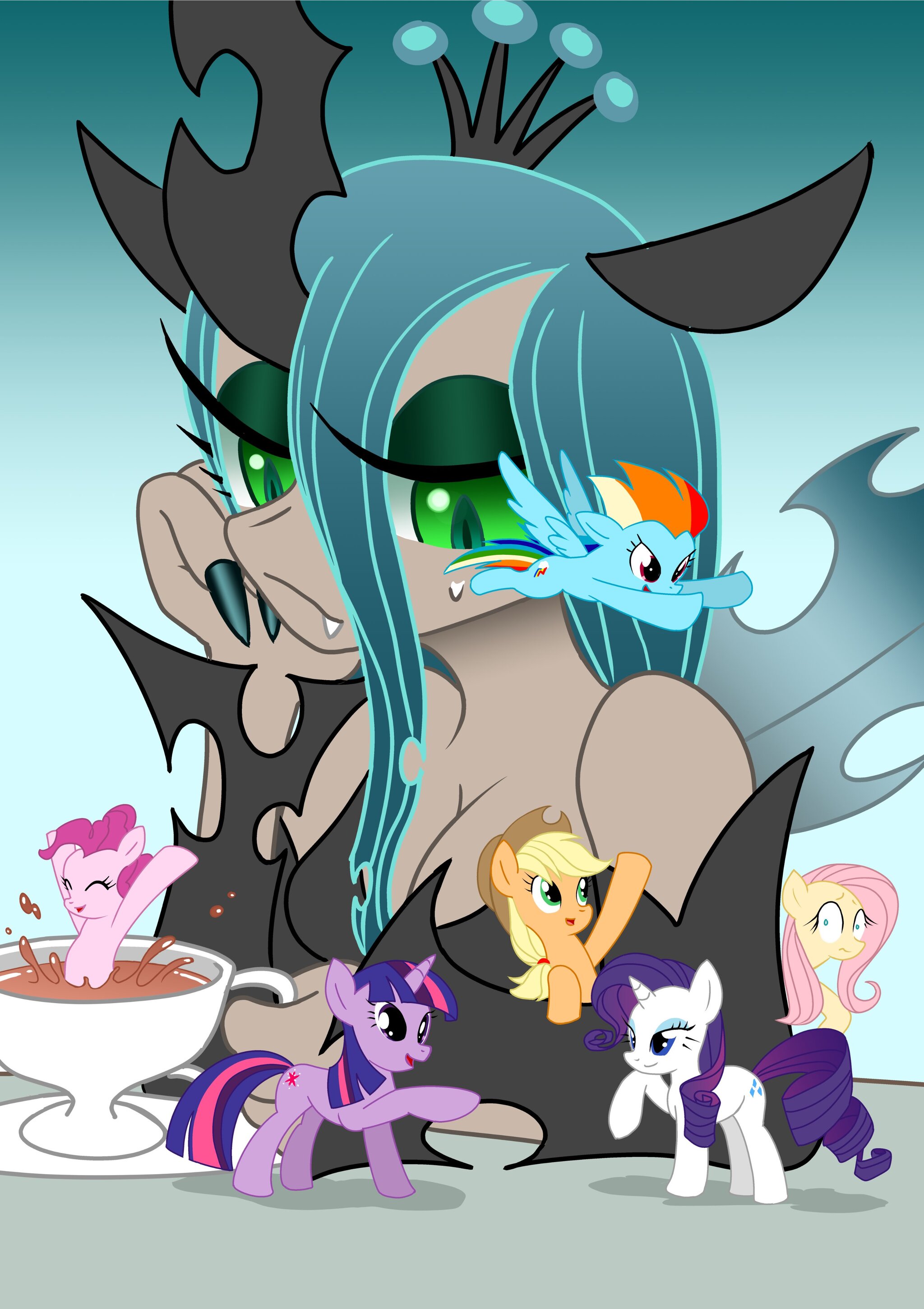 Coffee in a noisy company - My little pony, PonyArt, Twilight sparkle, Queen chrysalis, Applejack, Rainbow dash, Pinkie pie, Rarity, Fluttershy, Anthro