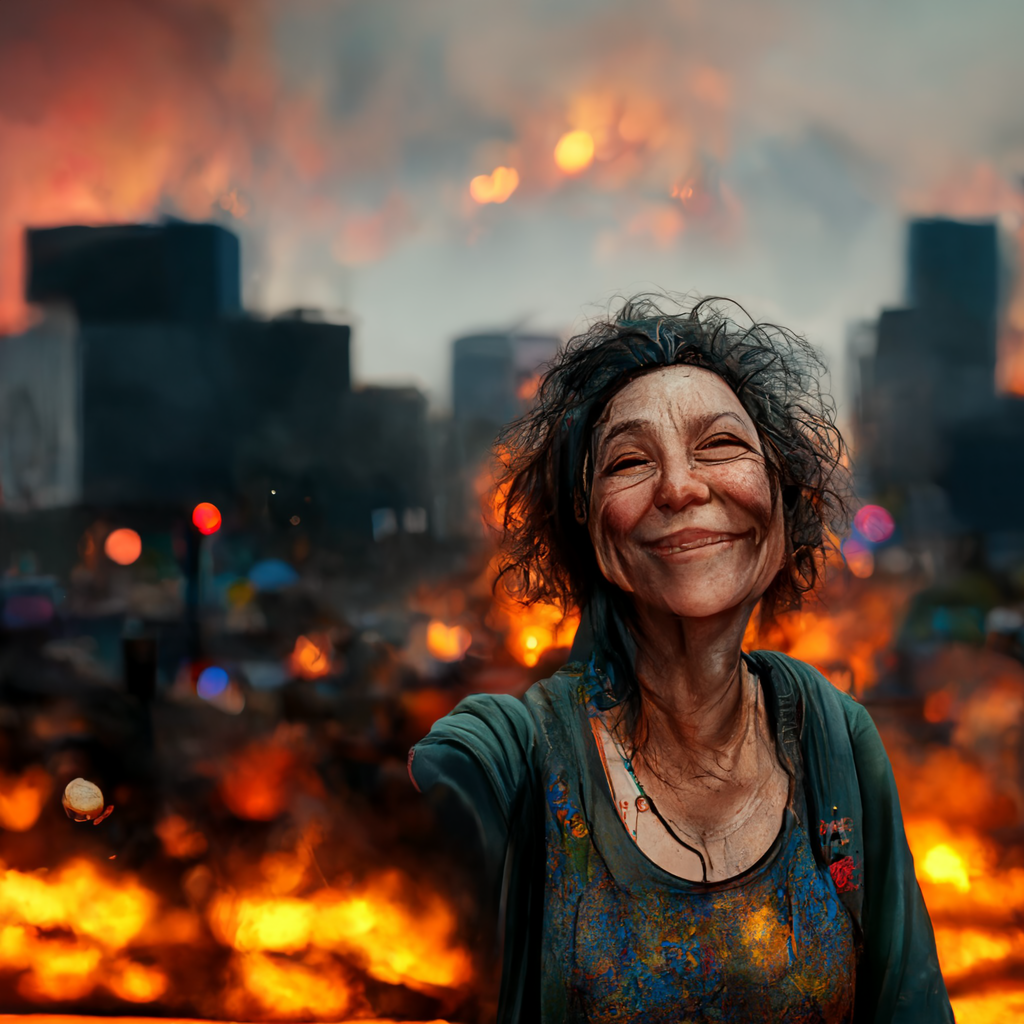 A homeless woman takes a selfie against the backdrop of an exploding city - Midjourney, Нейронные сети, Digital drawing, Art, Humor, Bombanulo, Longpost, Bum