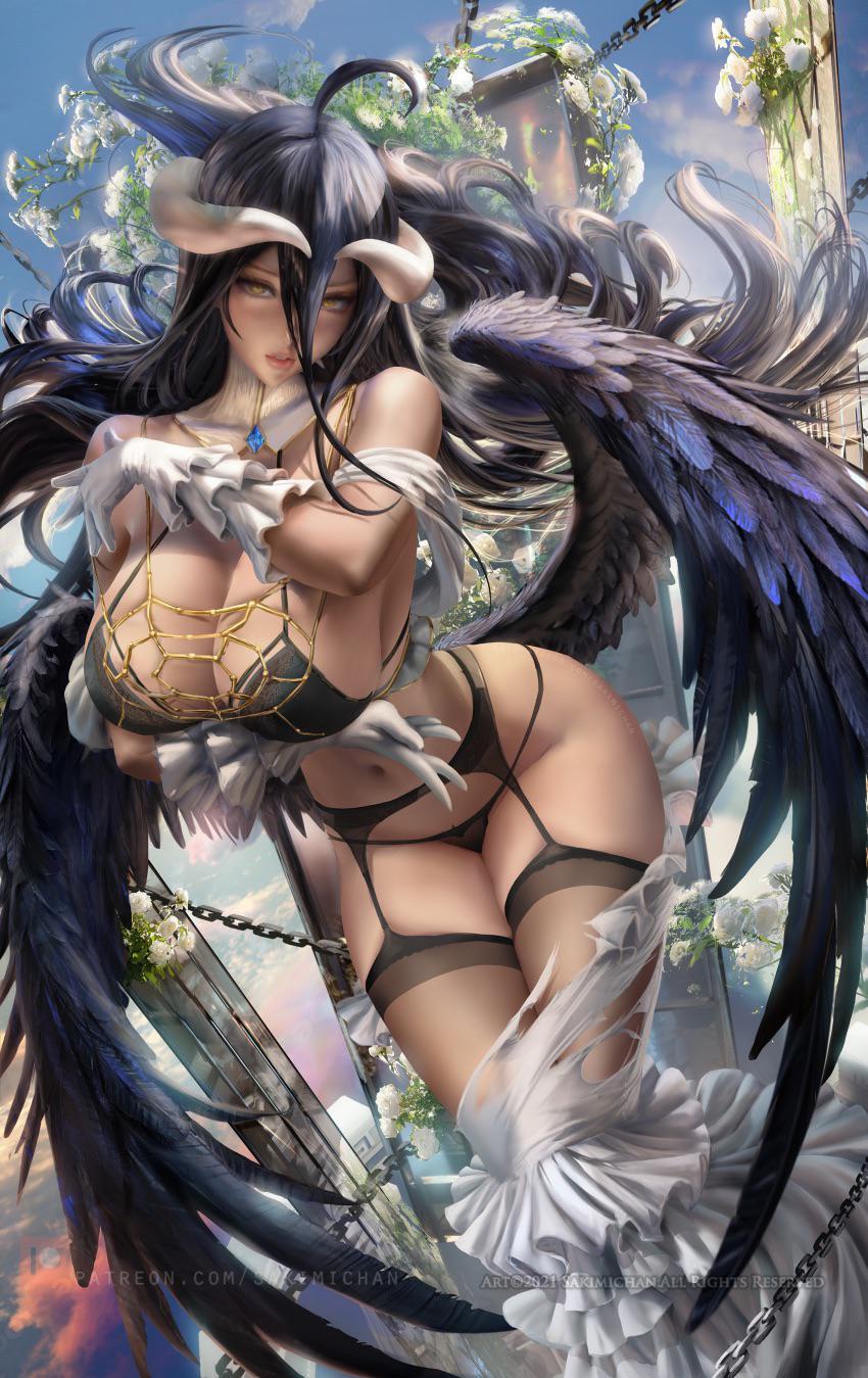 Reply to Albedo's post - NSFW, Overlord, Albedo, Succubus, Girl with Horns, Anime art, Sakimichan, Art, Erotic, Underwear, Boobs, Reply to post, Longpost