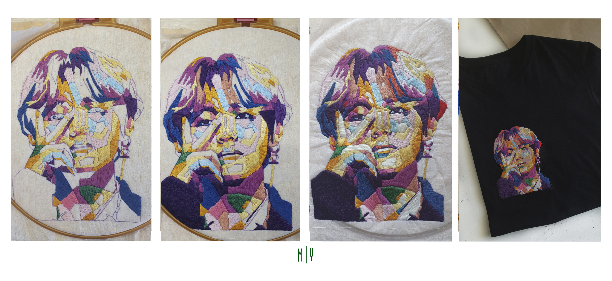 Gift for a BTS fan. Hand embroidery by Kim Tae-hyung - My, Handmade, Embroidery, Satin stitch embroidery, T-shirt, Корея, Boyband, Bts, Needlework with process, Koreans, k-Pop, Musical group, Print, Creation, Fans, Fan art, Needlework, Longpost, Art