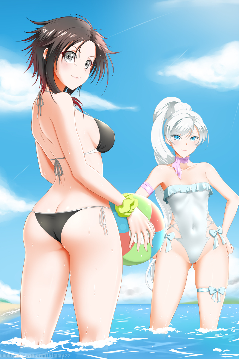 On the sea - NSFW, RWBY, Anime art, Art, Anime, Drawing, Kimmy77, Ruby rose, Swimsuit, Booty, Boobs, Sea, Sky, Clouds, Ball, Girls, Longpost, Weiss schnee