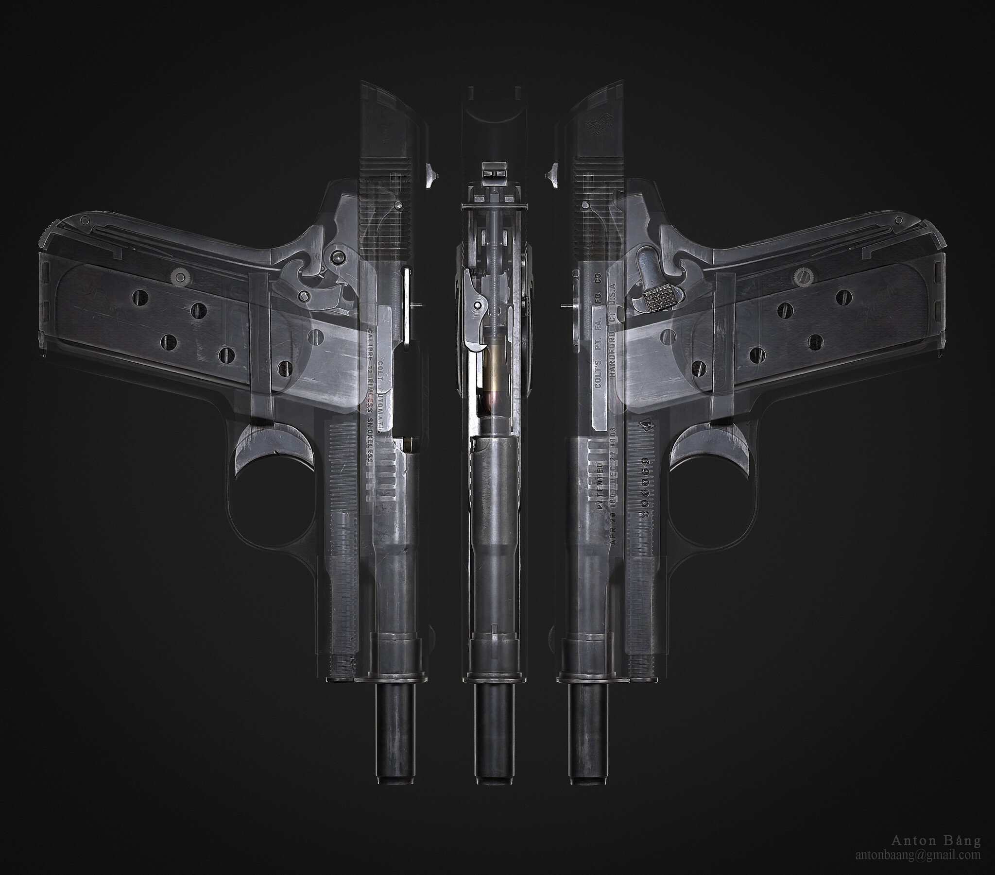 Colt 1903 Pocket Hammerless - Арт, Artstation, Оружие, Пистолеты, Кольт, 1903, 3D, Видео, Длиннопост