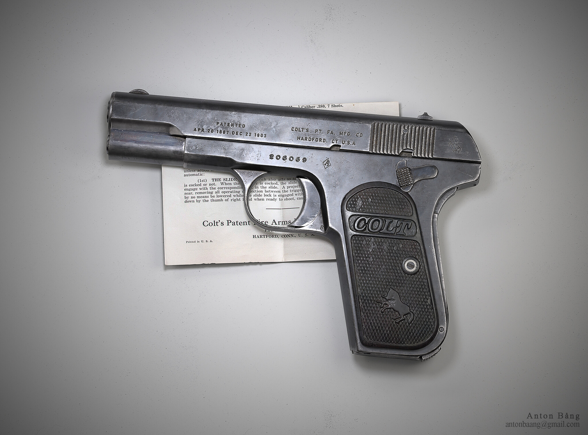 Colt 1903 Pocket Hammerless - Арт, Artstation, Оружие, Пистолеты, Кольт, 1903, 3D, Видео, Длиннопост