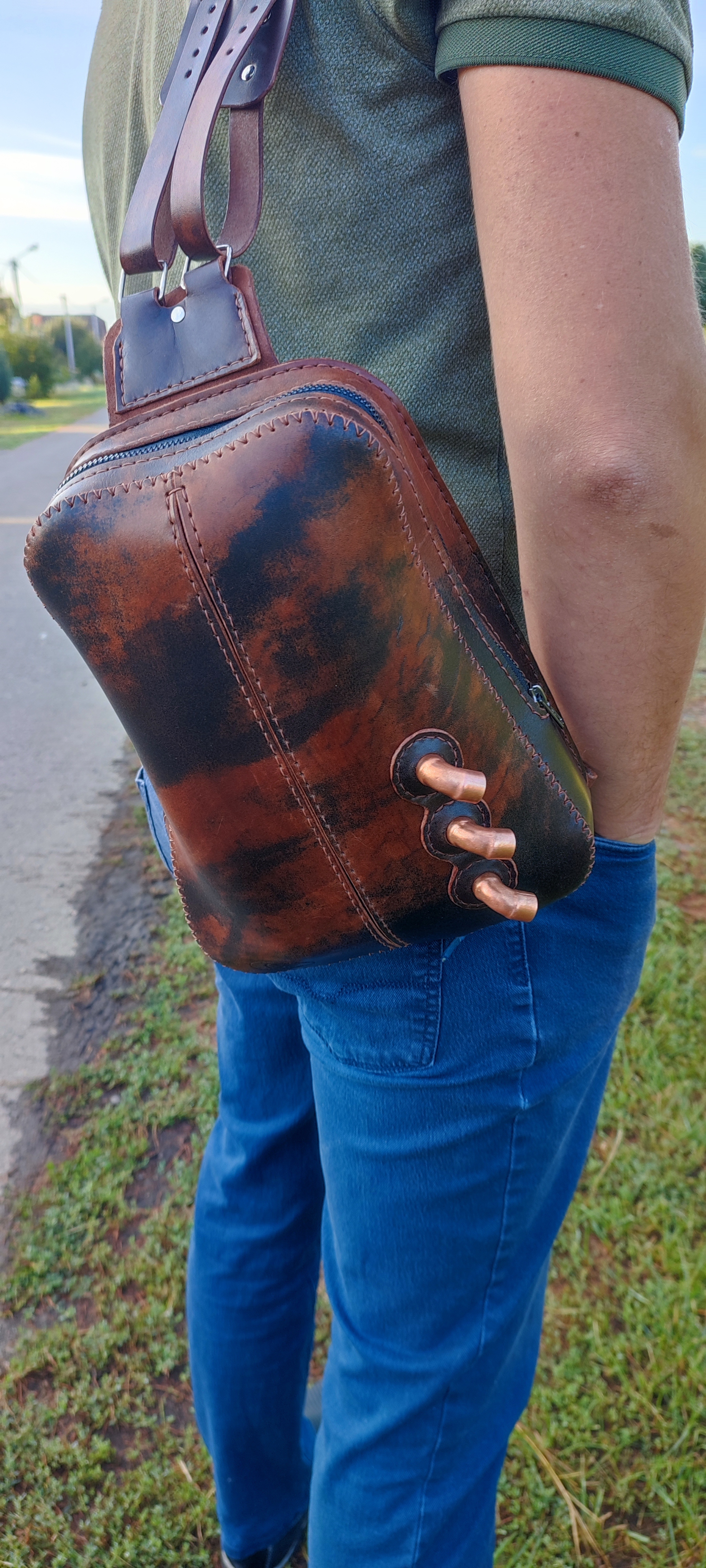 Backpack (take 2) - My, Leather, Leather products, Natural leather, Backpack, Hand seam, Longpost, Handmade