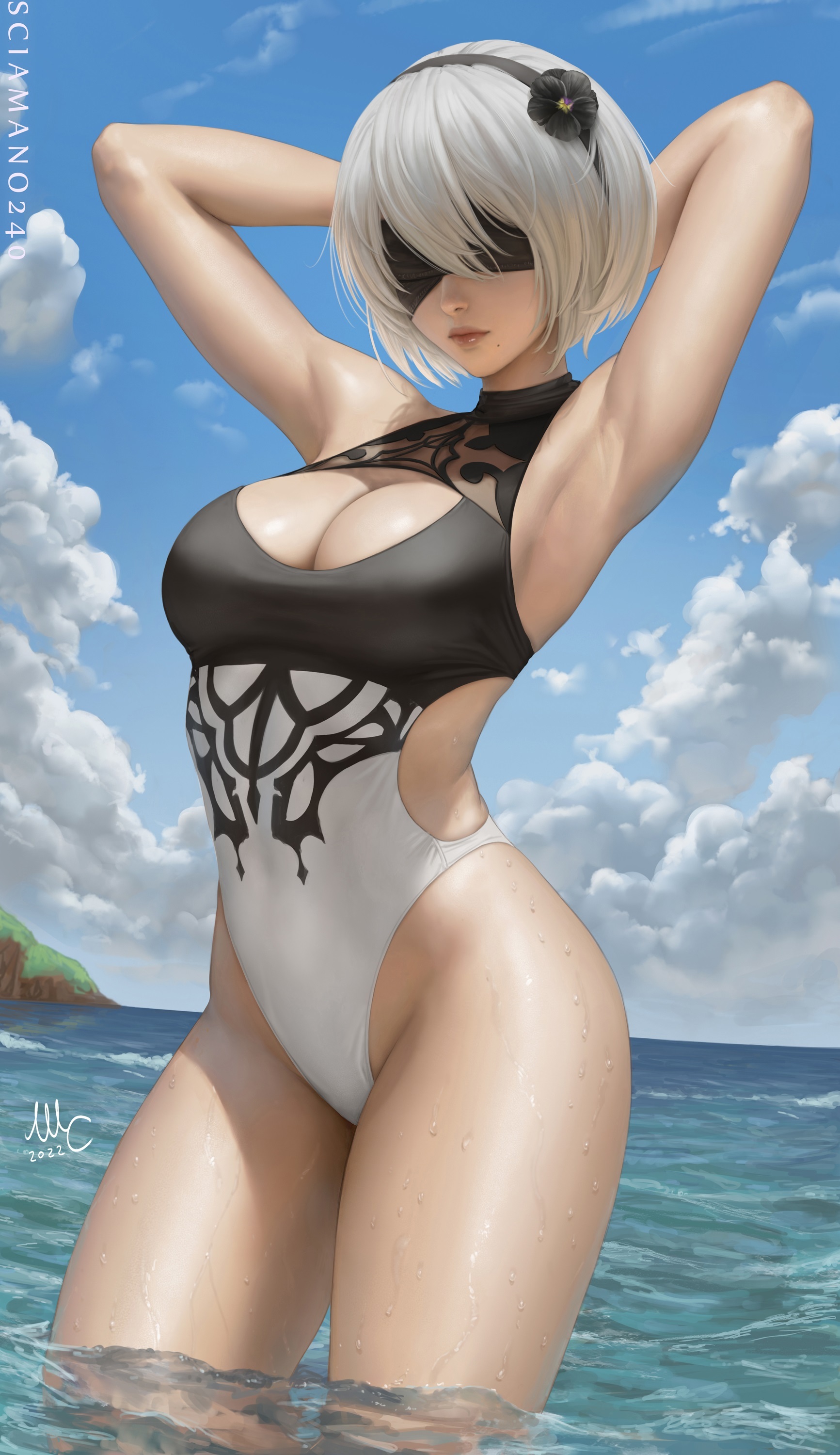 2B & 9S (addition) - NSFW, Art, Drawing, NIER Automata, Yorha unit No 2 type B, Girls, Erotic, Hand-drawn erotica, Game art, Swimsuit, Bikini, Boobs, Topless, Eye patch, Wet, Sciamano240, Longpost, Yorha unit no 9 type S