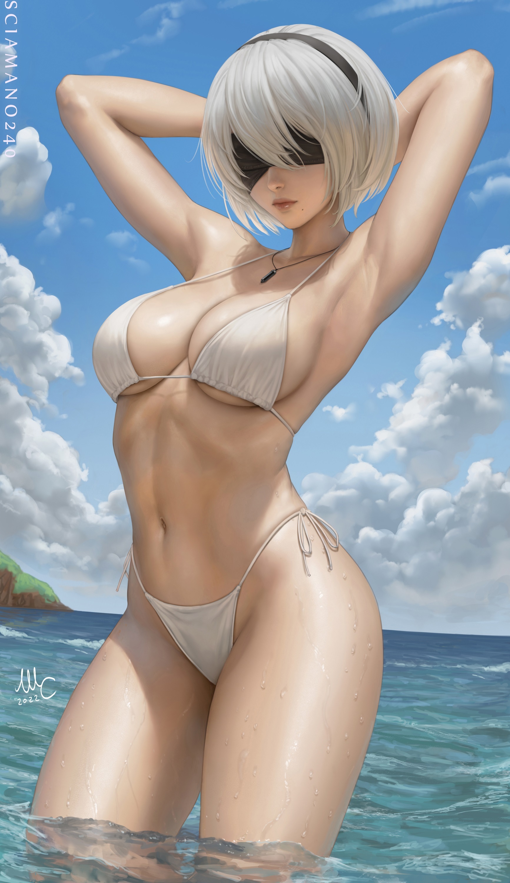 2B & 9S (addition) - NSFW, Art, Drawing, NIER Automata, Yorha unit No 2 type B, Girls, Erotic, Hand-drawn erotica, Game art, Swimsuit, Bikini, Boobs, Topless, Eye patch, Wet, Sciamano240, Longpost, Yorha unit no 9 type S