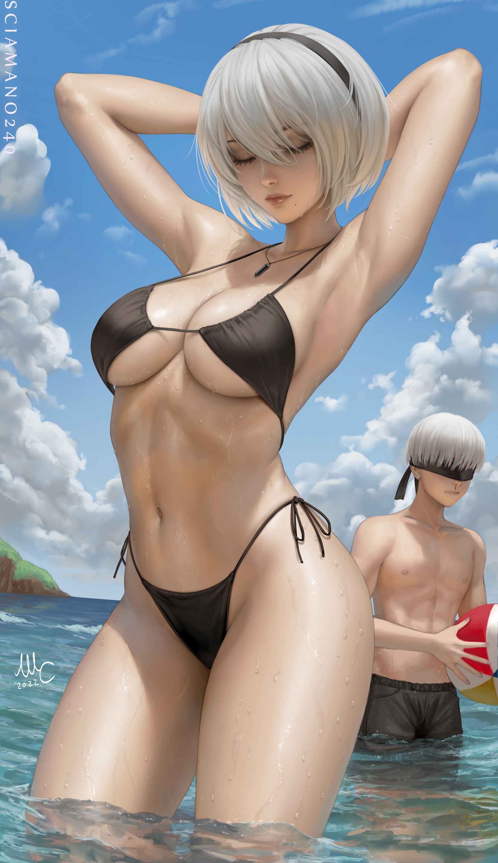 2B & 9S (addition) - NSFW, Art, Drawing, NIER Automata, Yorha unit No 2 type B, Girls, Erotic, Hand-drawn erotica, Game art, Swimsuit, Bikini, Boobs, Topless, Eye patch, Wet, Sciamano240, Longpost, Yorha unit no 9 type S