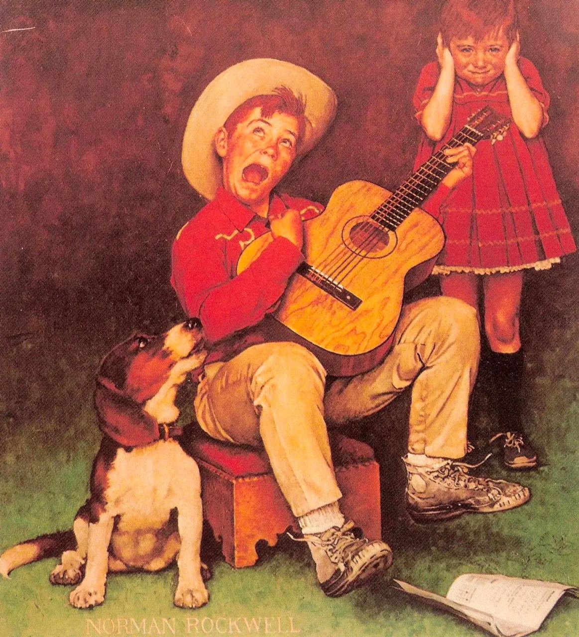 Artist Norman Rockwell - Retro, Musicians, Guitar, Dog, Children