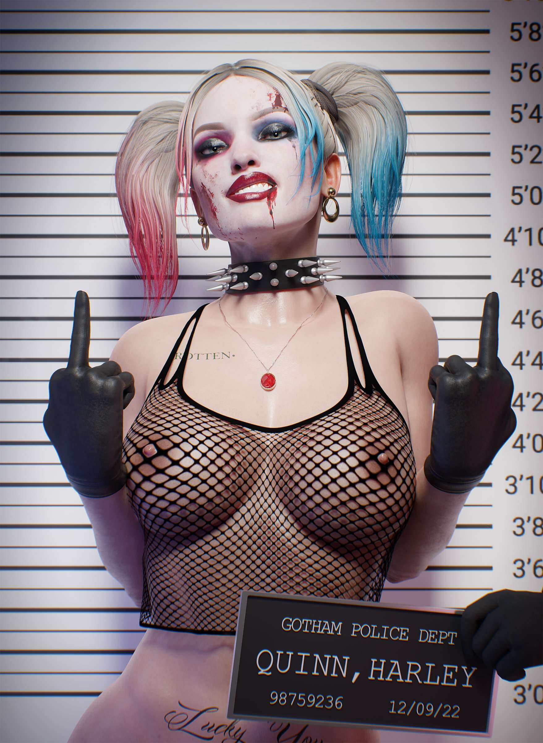 Harley Quinn - NSFW, Erotic, Art, Harley quinn, Girls, Boobs, 3D, Fak (gesture), Fugtrup, Choker