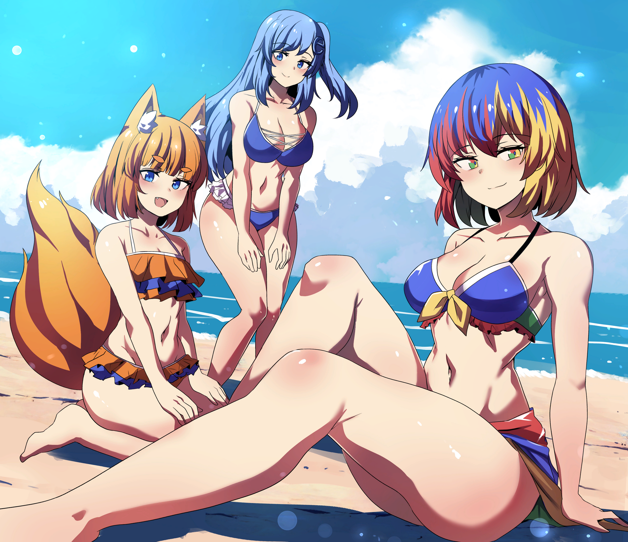 Browsers on the beach - NSFW, Anime art, Anime, Humanization, Firefox, Google chrome, Swimsuit, Animal ears, Microsoft Edge