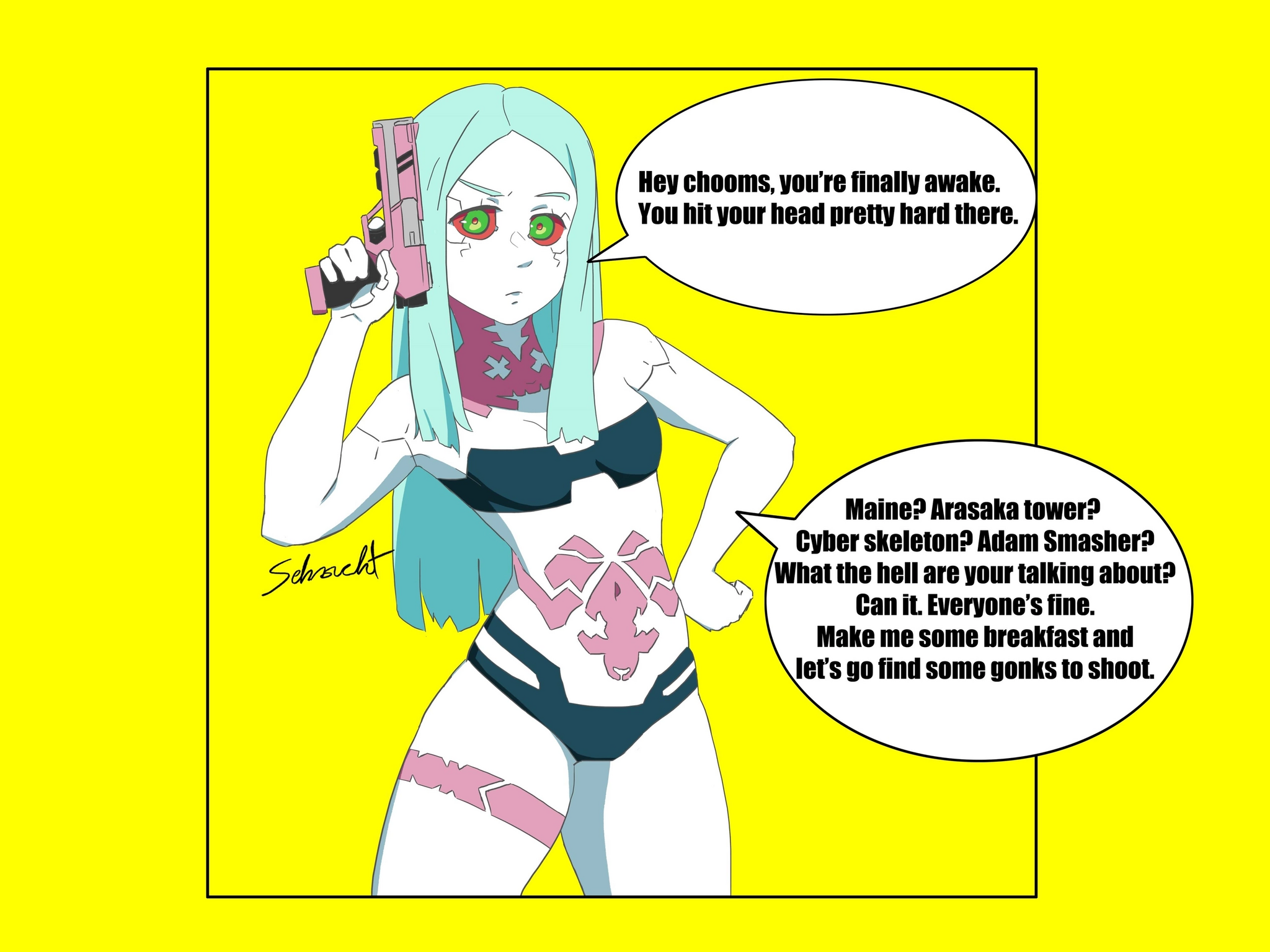 Hey Chuums, you're finally awake - Anime, Cyberpunk: Edgerunners, Cyberpunk 2077, Milota, Anime art, Art, Rebecca (Edgerunners)