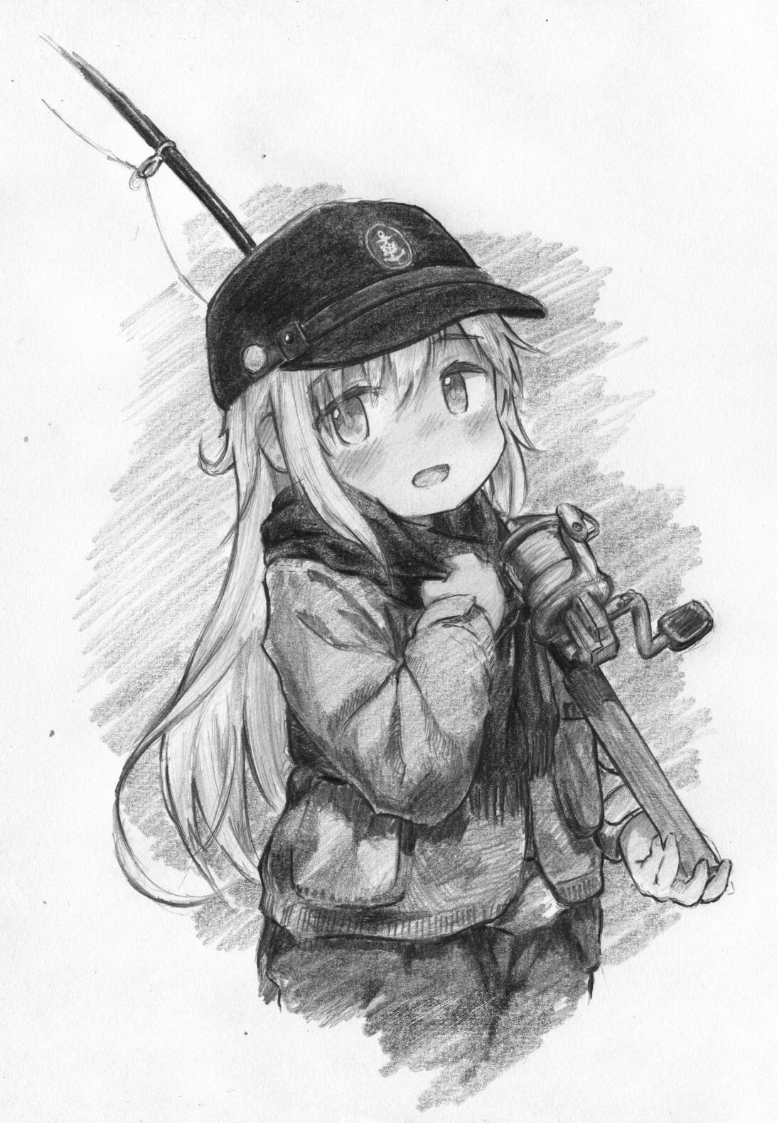 Fishing on a cold morning - Kantai collection, Hibiki, Anime art, Anime, Games, Art, Pencil drawing