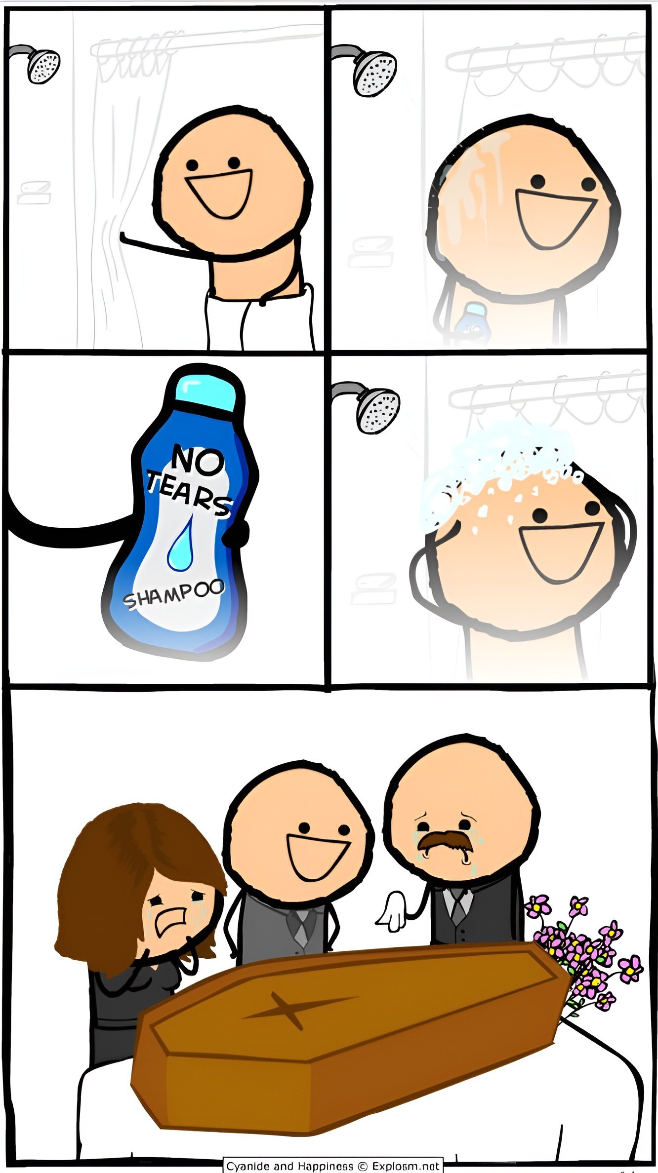 Shampoo Without tears - Picture with text, Black humor, Sad humor, Funeral, Cyanide and Happiness, Repeat