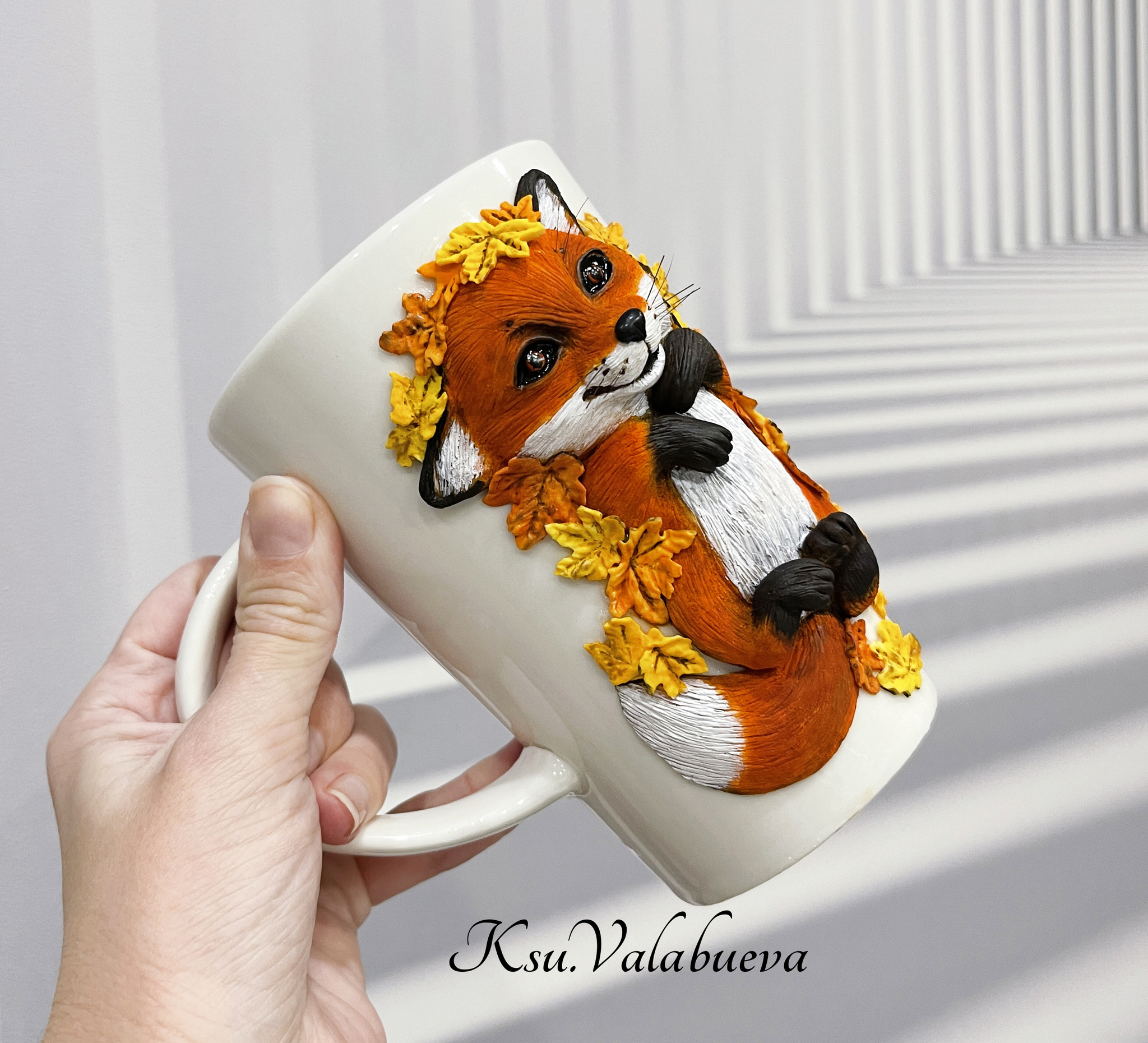 Fox cub in autumn leaves - My, Polymer clay, Fox, Autumn, Кружки, Milota, Needlework, Needlework without process, With your own hands, Longpost, Mug with decor