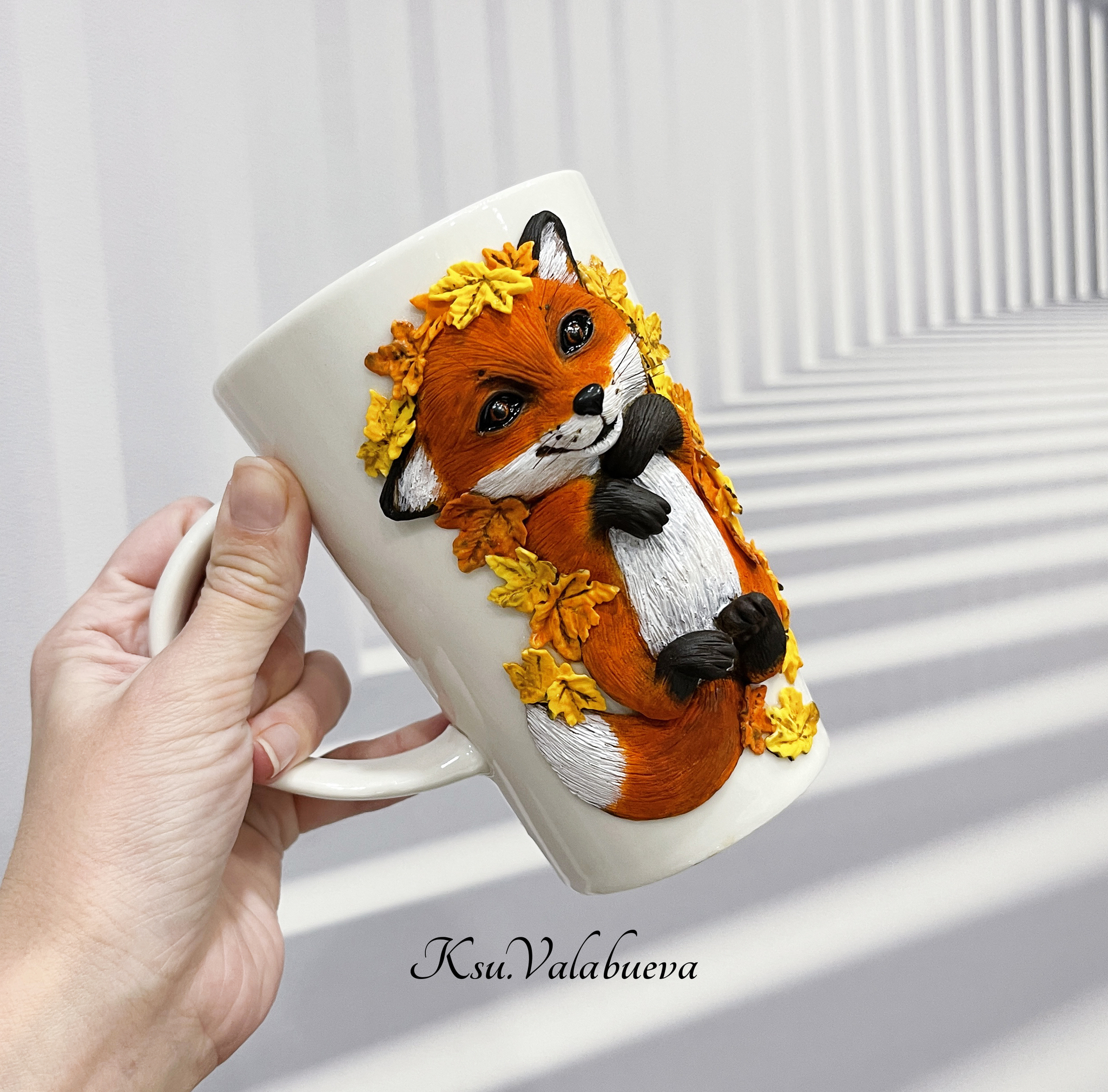 Fox cub in autumn leaves - My, Polymer clay, Fox, Autumn, Кружки, Milota, Needlework, Needlework without process, With your own hands, Longpost, Mug with decor