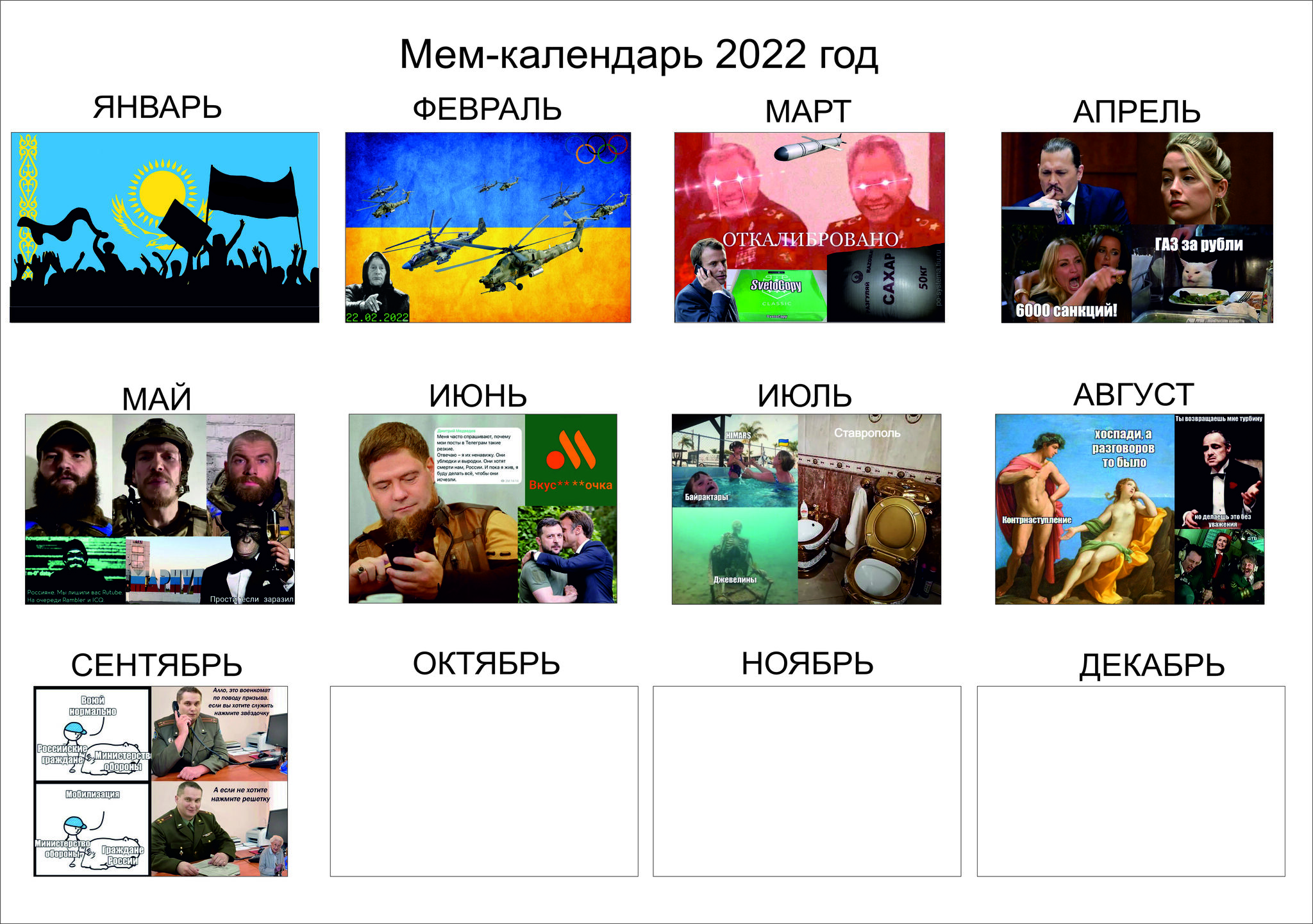 Reply to the post Reply to the post Calendar 2022 | - My, Reply to post, Meme calendar, 2022, Black humor, Memes, Russia, Protests in Kazakhstan, Vladimir Zhirinovsky, Special operation, Gostomel, Cruise missiles, Kalibr-NK missiles, Caliber, Sergei Shoigu, Sugar, A4, Paper, Emmanuel Macron, Johnny Depp, Politics