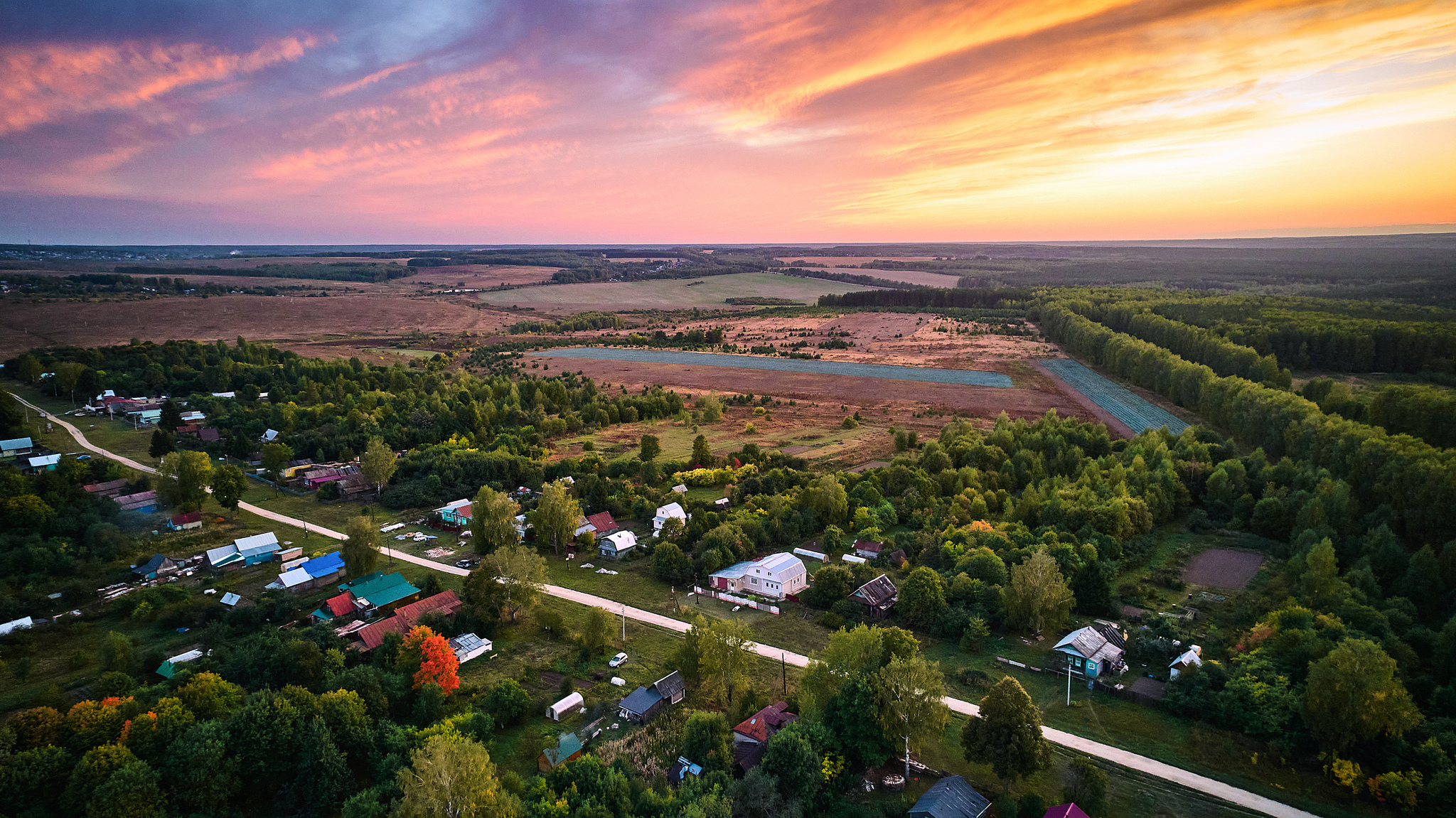 Осень в деревне - Моё, Пейзаж, Закат, Деревня, Осень, Аэросъемка, DJI Mavic Air