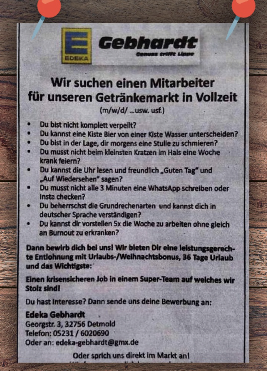 Объявление о приёме на работу в немецком магазине | Пикабу